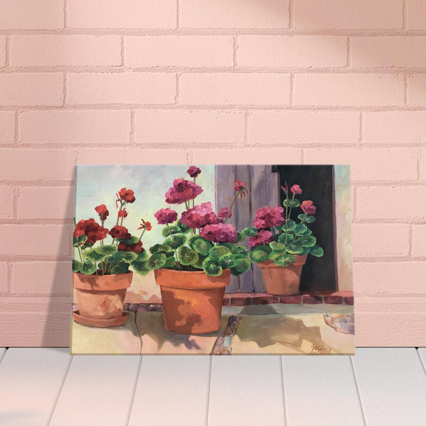 'Potted Red Geraniums 2' Floral I 12x18 inch Art Print on Canvas I Original Artwork by American Artist Barbara Cleary I F23
