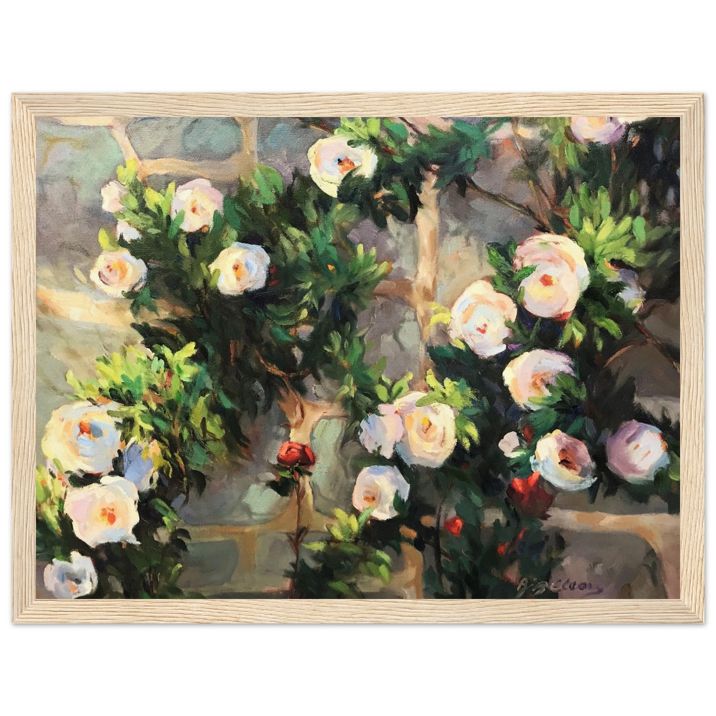 ‘Vining White Roses’ Floral | 12x16 inch Wooden Framed Art Print | Original Artwork by American Artist Barbara Cleary