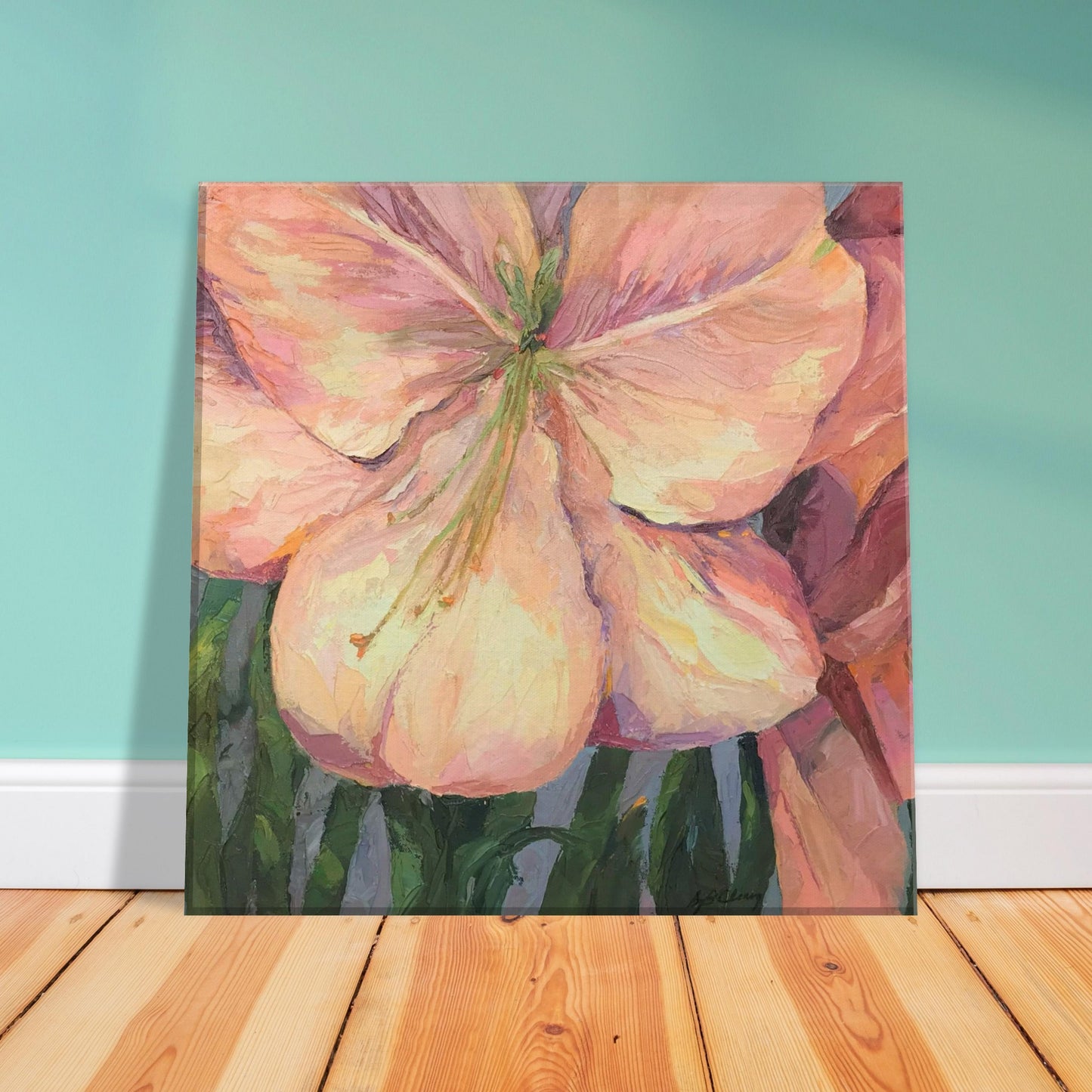'Pink Amaryllis ' Floral I 12x12 inch Art Print on Canvas I Original Artwork by American Artist Barbara Cleary