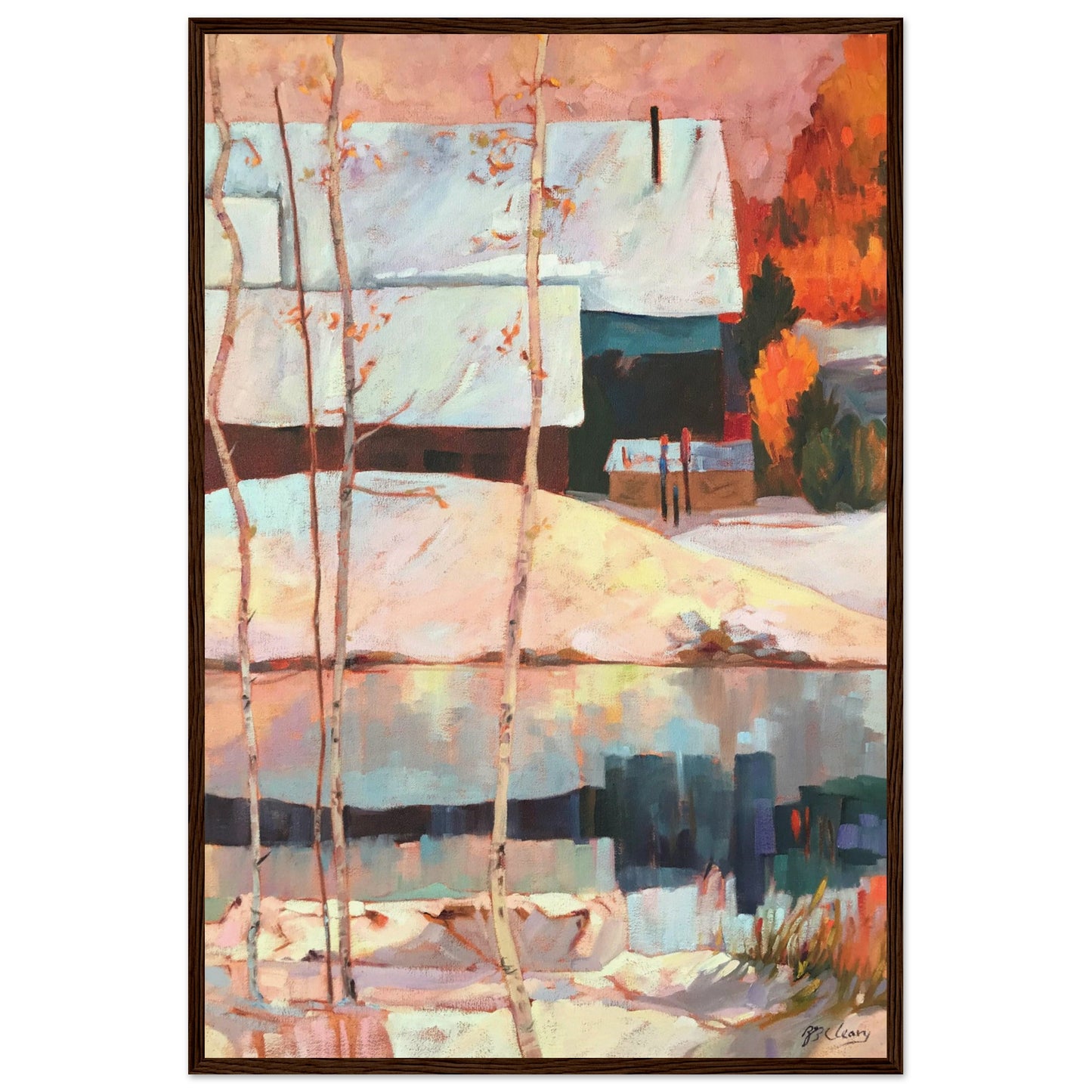 ‘Early Snow’ Winter Landscape | 24x36 Wooden Framed Art Print | Original Artwork by American Artist Barbara Cleary