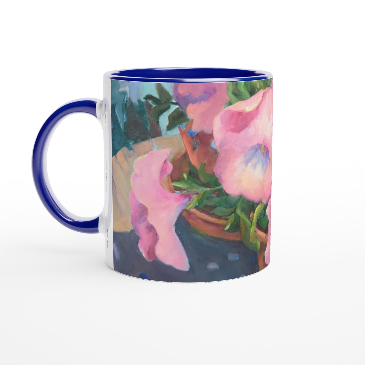 'Pink Petals in Bloom' 11oz White Ceramic Mug with Color Inside | Coffee Cup with 'May's First Born' Floral Artwork by American Artist Barbara Cleary