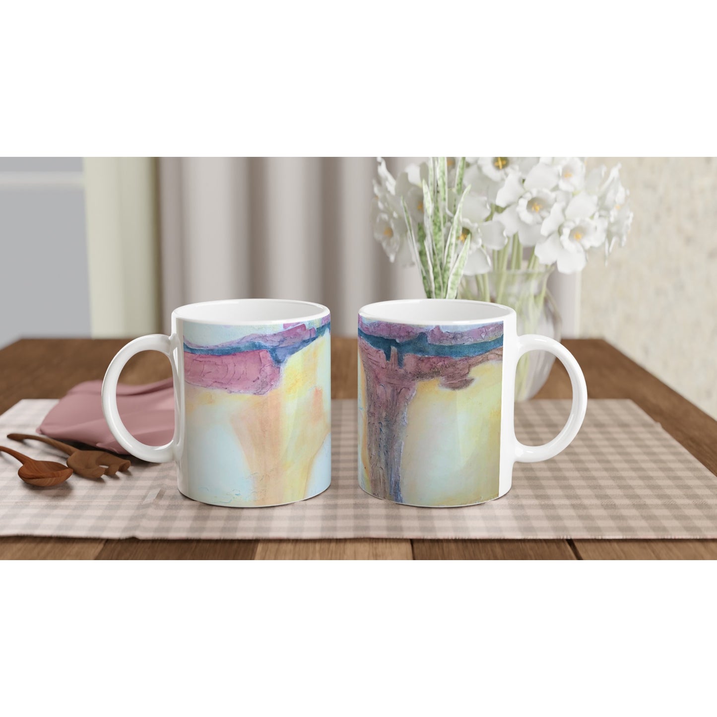 11oz White Ceramic Mug | Coffee Cup with 'Southwest Mixed Media' Artwork by American Artist Barbara Cleary
