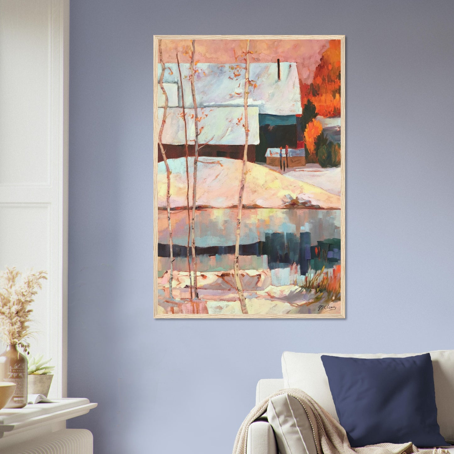 ‘Early Snow’ Winter Landscape | 24x36 Wooden Framed Art Print | Original Artwork by American Artist Barbara Cleary