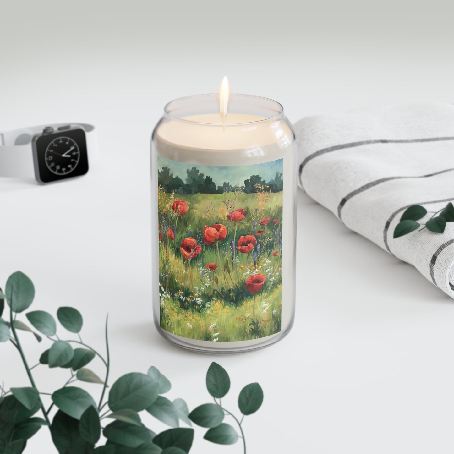 13.75oz Eco-Friendly Scented or Unscented Soy Wax Candle Jar with 'Field of Red Poppies' Floral Artwork by American Artist Barbara Cleary