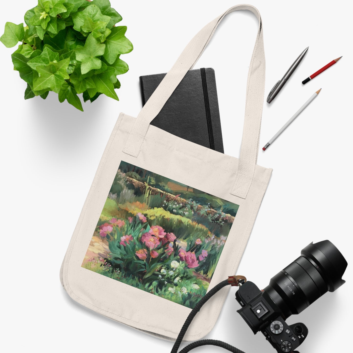 Organic Canvas Tote Bag with 'Pink Garden Peonies' I Original Artwork by American Artist Barbara Cleary