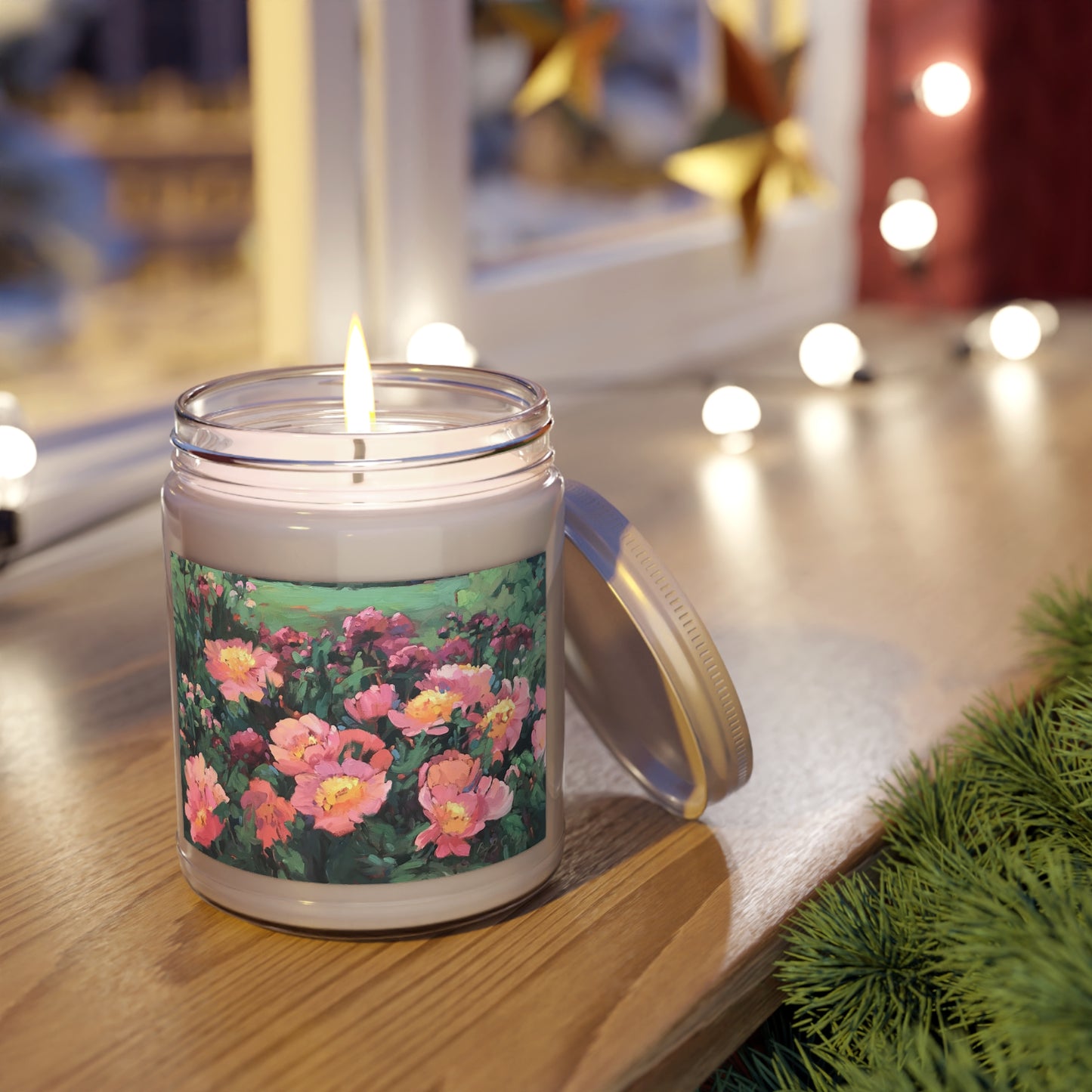 9oz Eco-Friendly Scented or Unscented Soy Wax Candle Jar with 'Pink Princess' Floral Artwork by American Artist Barbara Cleary