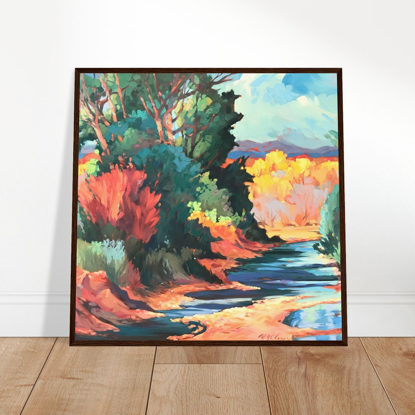 ‘Rio Pueblo’ Landscape | 28x28 Wooden Framed Art Print | Original Artwork by American Artist Barbara Cleary