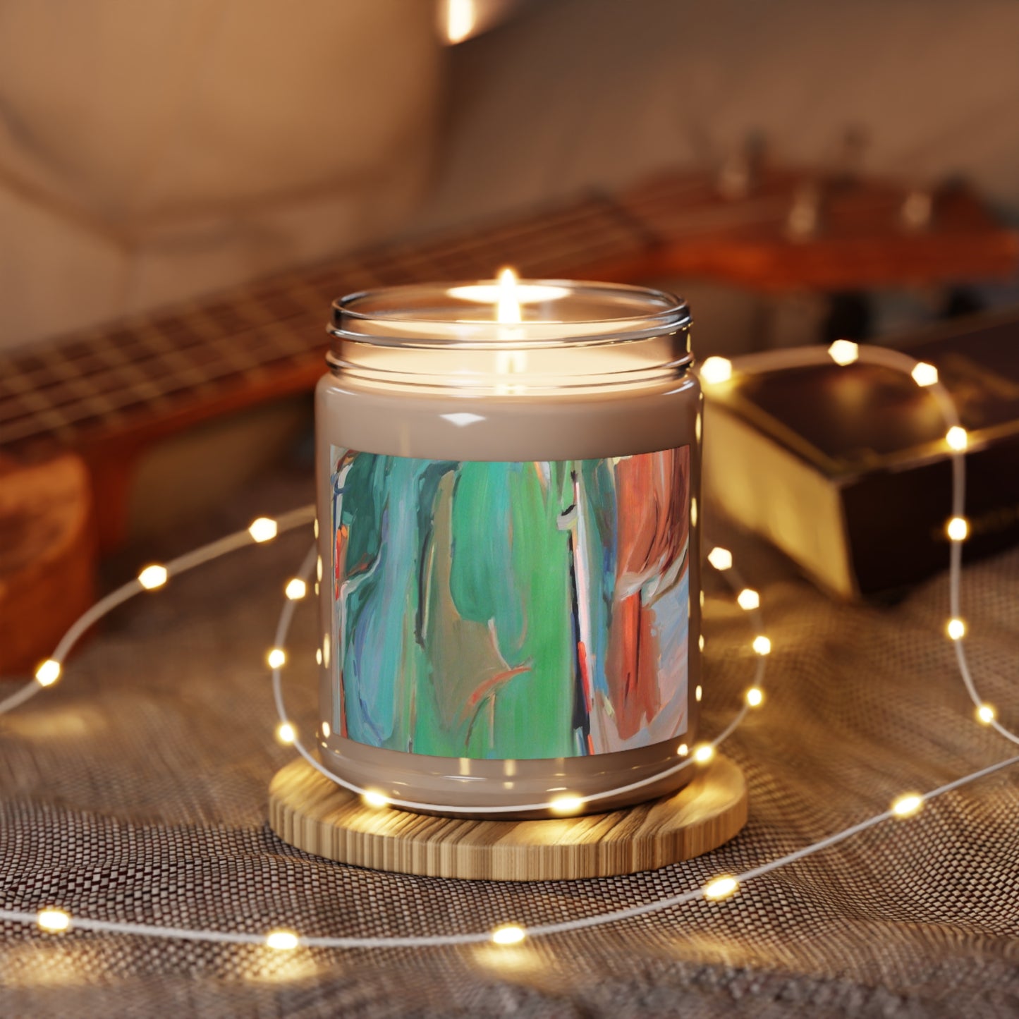 9oz Eco-Friendly Scented or Unscented Soy Wax Candle Jar with 'Colorscape 2' Abstract Artwork by American Artist Barbara Cleary