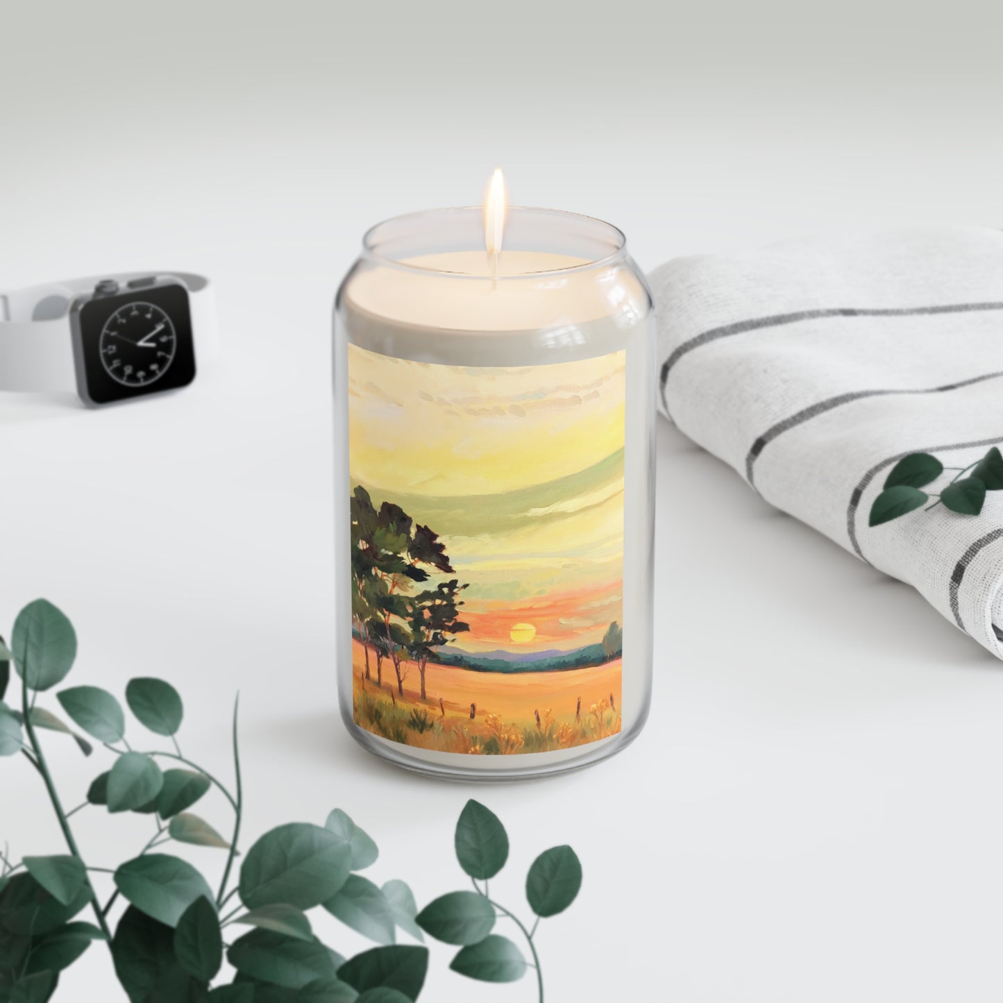 13.75oz Eco-Friendly Scented or Unscented Soy Wax Candle Jar with 'Sunsrise' Landscape Artwork by American Artist Barbara Cleary