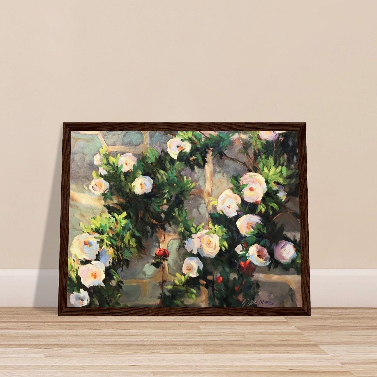 ‘Vining White Roses’ Floral | 12x16 inch Wooden Framed Art Print | Original Artwork by American Artist Barbara Cleary