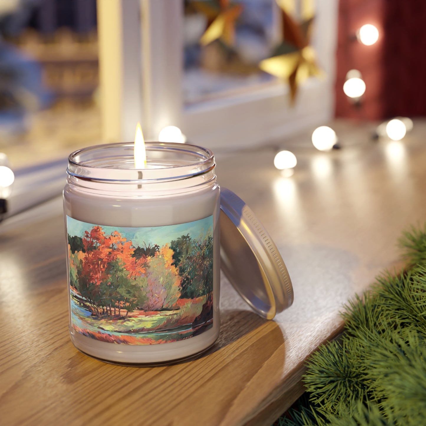 9oz Eco-Friendly Scented or Unscented Soy Wax Candle Jar with 'Fall River' Artwork by American Artist Barbara Cleary (Fall Collection)