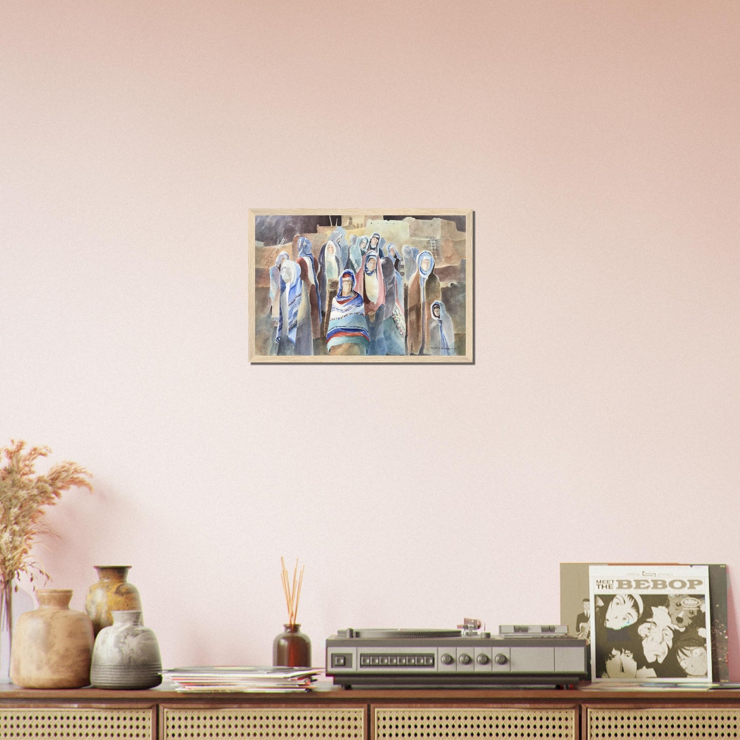 'Pueblo People' Southwestern Watercolor I 12x18 inch Wooden Framed Art Print I Original Artwork by American Artist Barbara Cleary