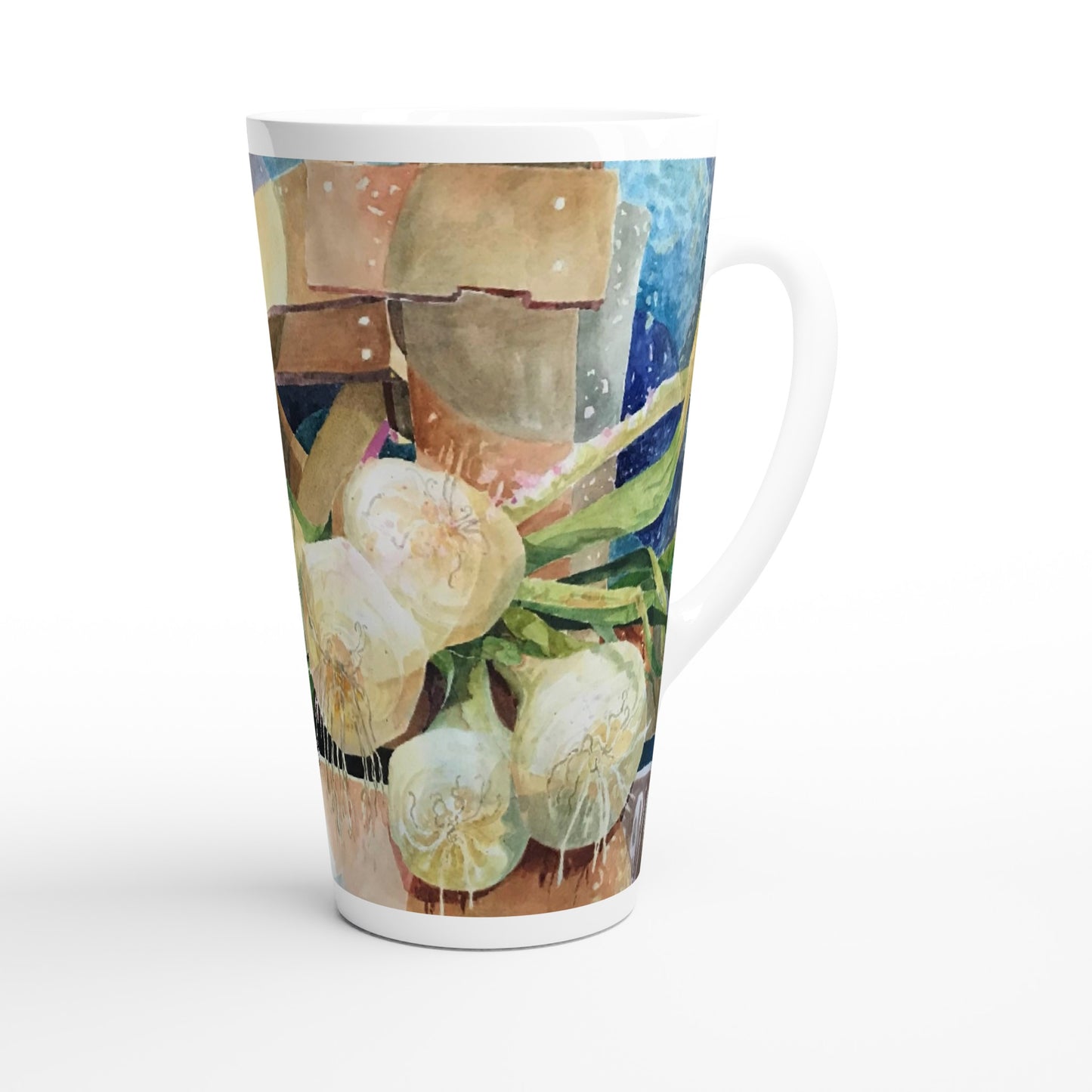 17oz White Ceramic Latte Mug | Coffee Cup with 'Onions' Watercolor Artwork by American Artist Barbara Cleary