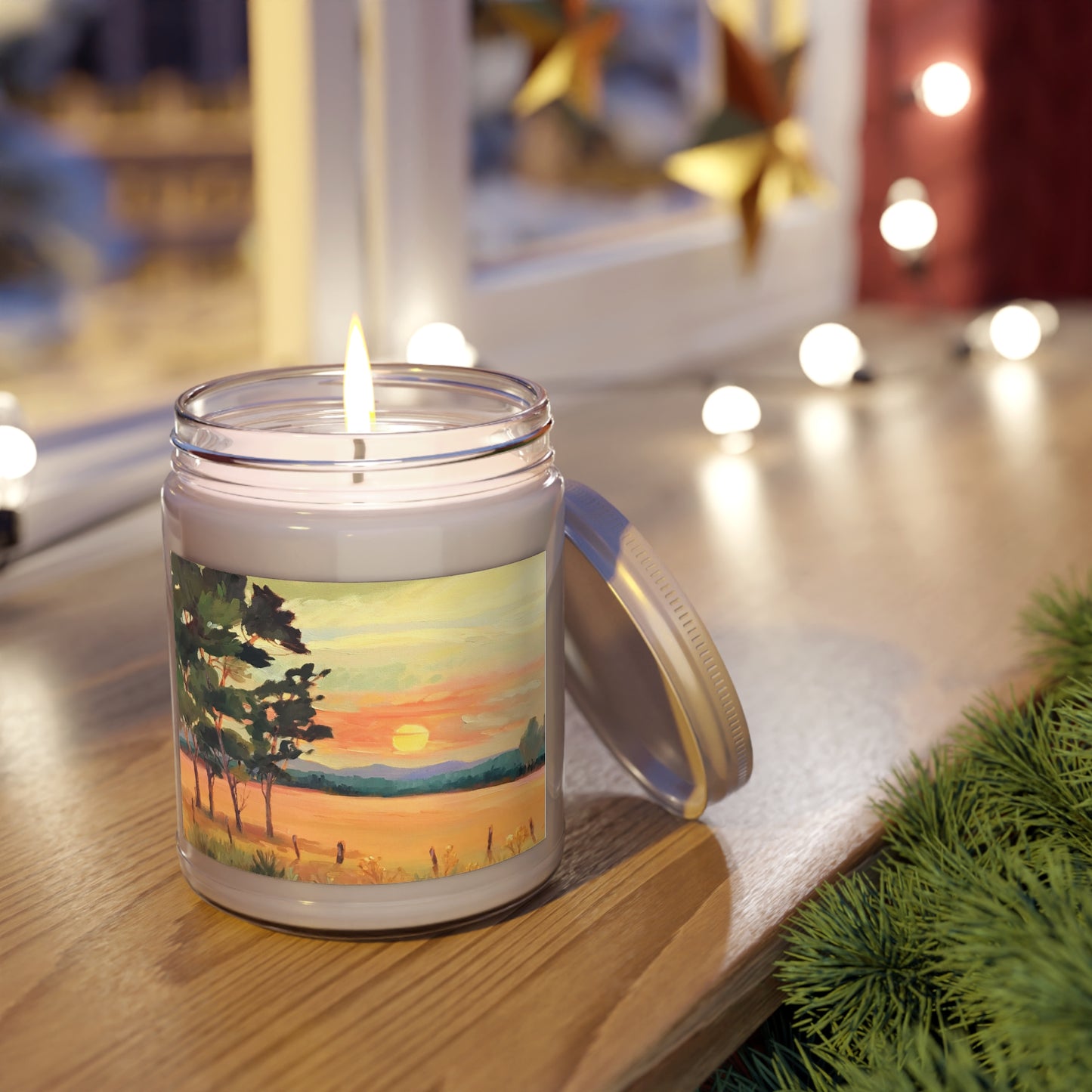 9oz Eco-Friendly Scented or Unscented Soy Wax Candle Jar with 'Sunsrise' Landscape Artwork by American Artist Barbara Cleary