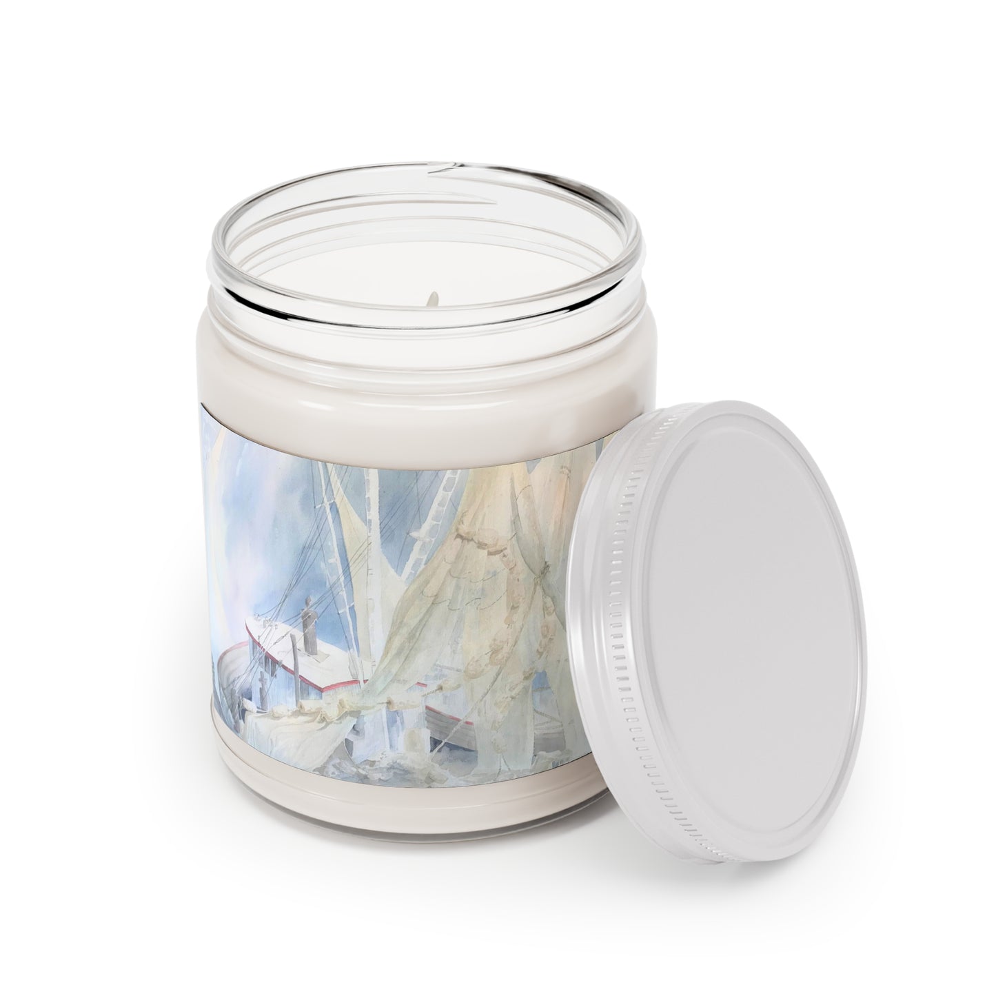 9oz Eco-Friendly Scented or Unscented Soy Wax Candle Jar with 'Sailboat' Coastal Artwork by American Artist Barbara Cleary