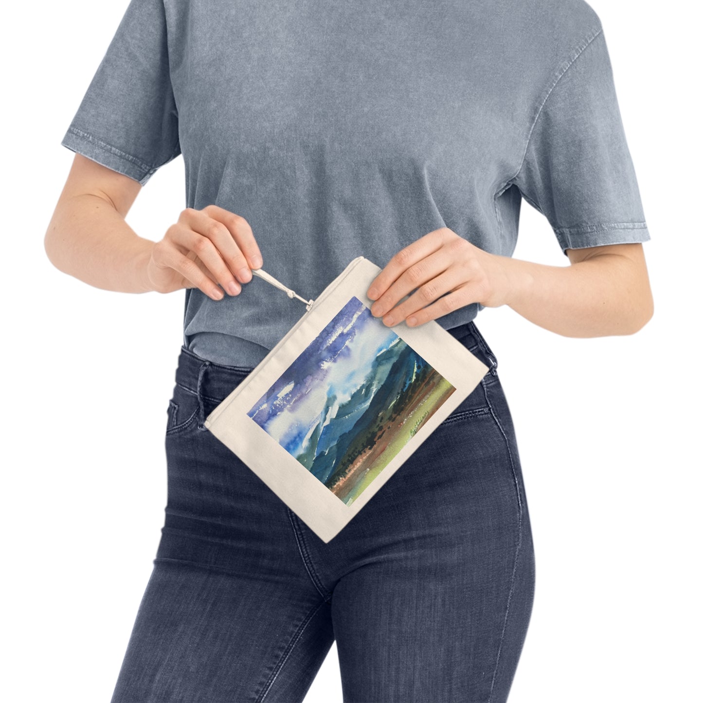 Eco-Friendly Pouch with 'Tranquil Mountain View 3' I Original Artwork by American Artist Barbara Cleary