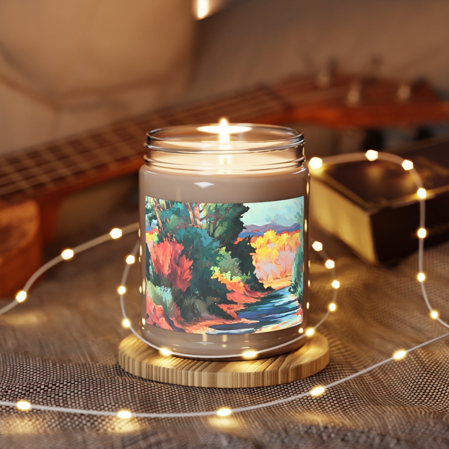 9oz Eco-Friendly Scented or Unscented Soy Wax Candle Jar with 'Rio Pueblo' Artwork by American Artist Barbara Cleary (Fall Collection)