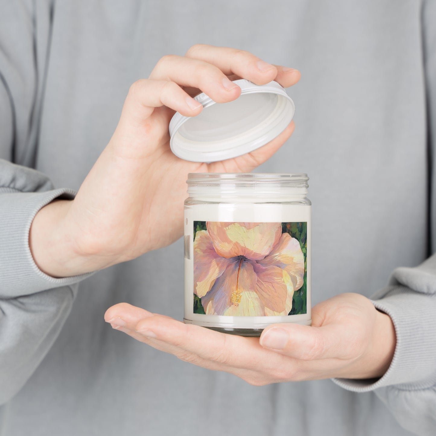 9oz Eco-Friendly Scented or Unscented Soy Wax Candle Jar with 'Hibiscus' Floral Artwork by American Artist Barbara Cleary