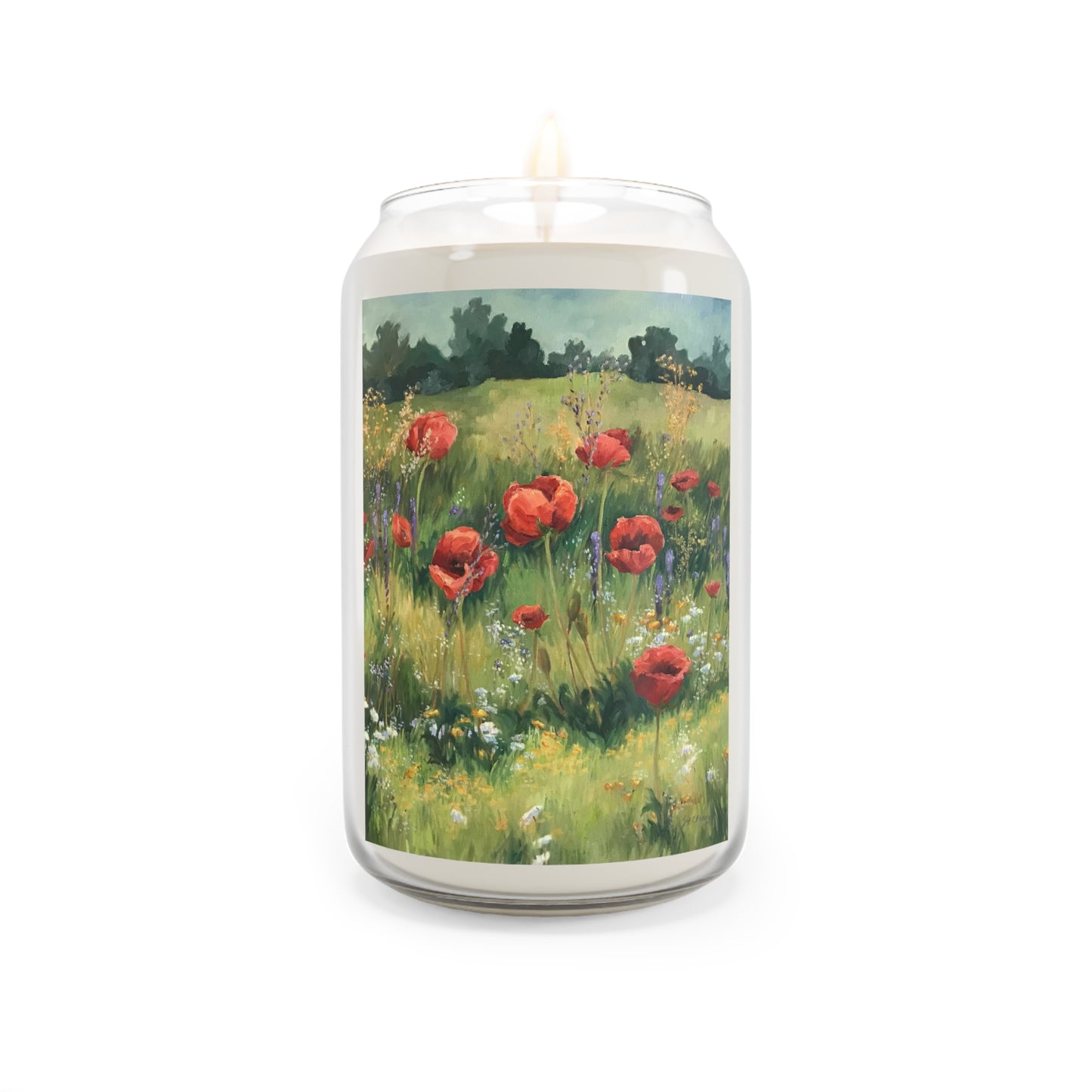 13.75oz Eco-Friendly Scented or Unscented Soy Wax Candle Jar with 'Field of Red Poppies' Floral Artwork by American Artist Barbara Cleary
