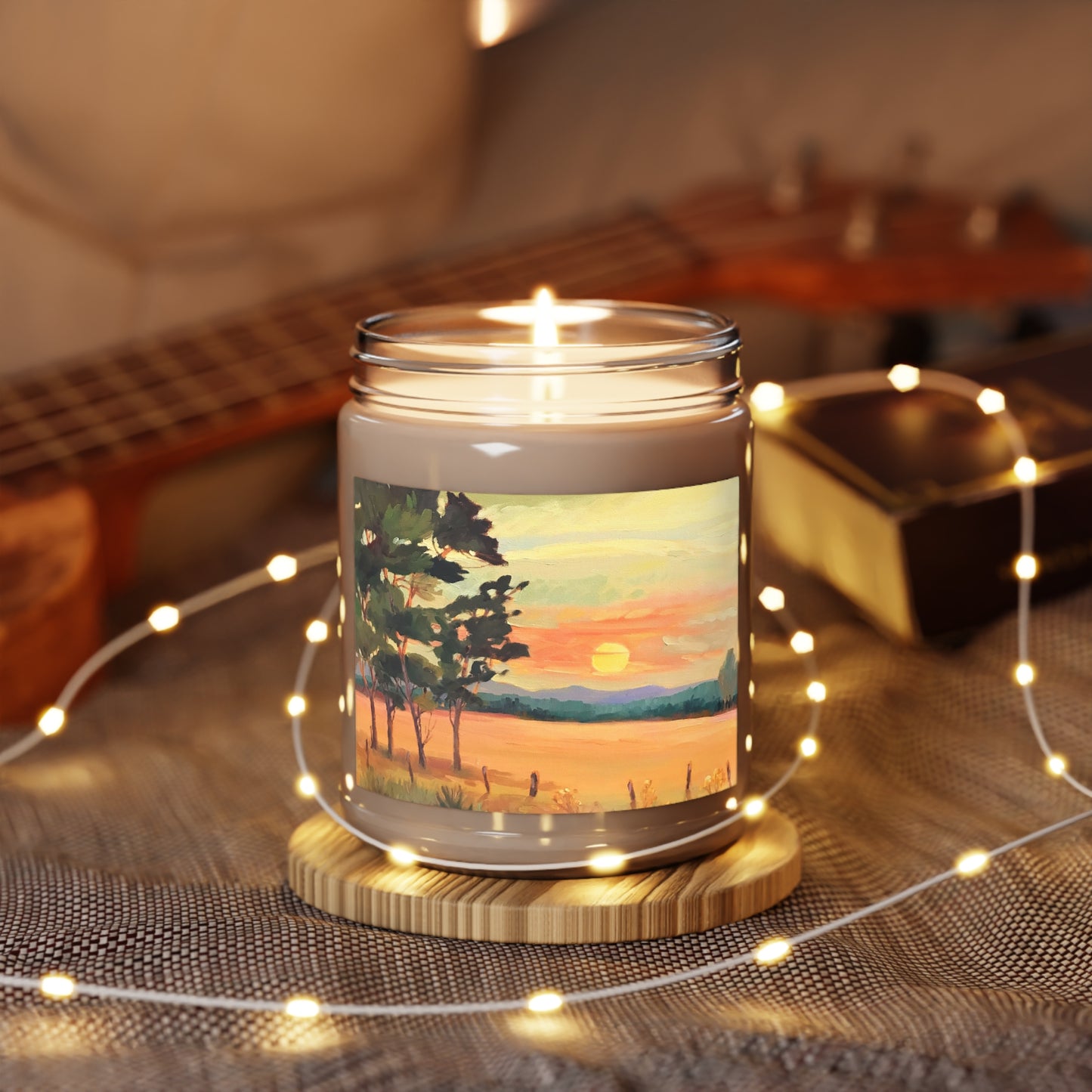 9oz Eco-Friendly Scented or Unscented Soy Wax Candle Jar with 'Sunsrise' Landscape Artwork by American Artist Barbara Cleary