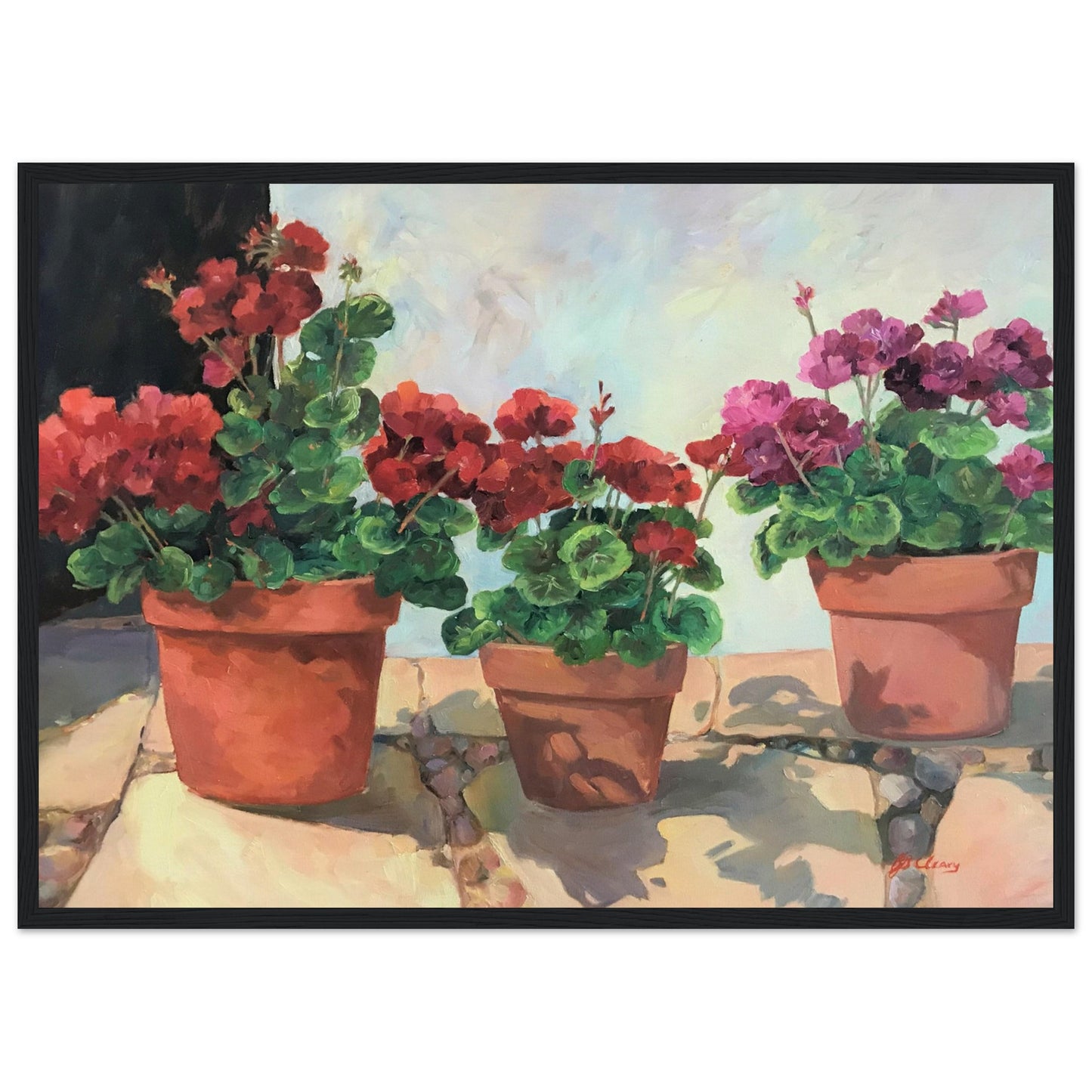 'Potted Red Geraniums Series 1' Red and Pink Floral | 20x28 inch Wooden Framed Art Print | Original Artwork by American Artist Barbara Cleary