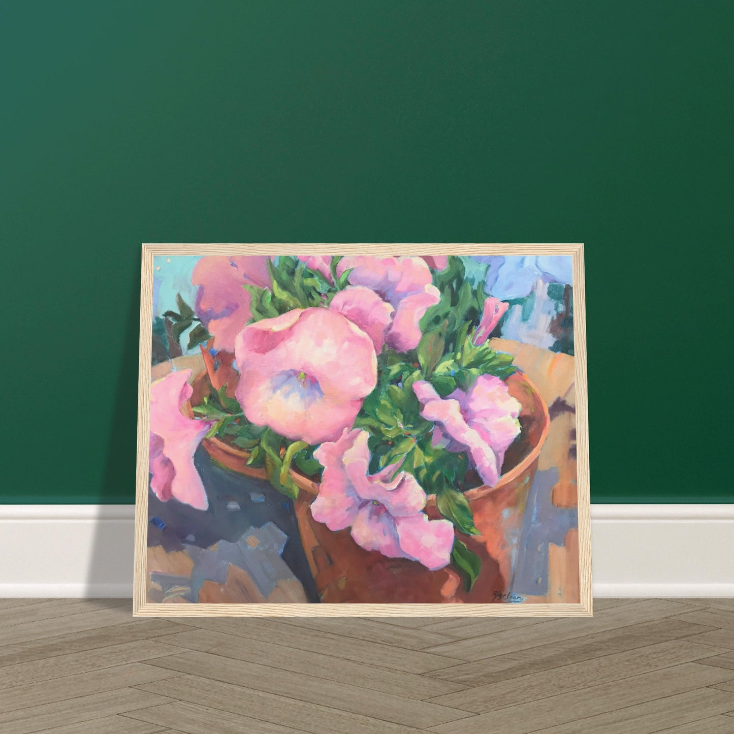 'Pink Petals in Bloom' Floral | 16x20 inch Wooden Framed Art Print | Original Artwork by American Artist Barbara Cleary