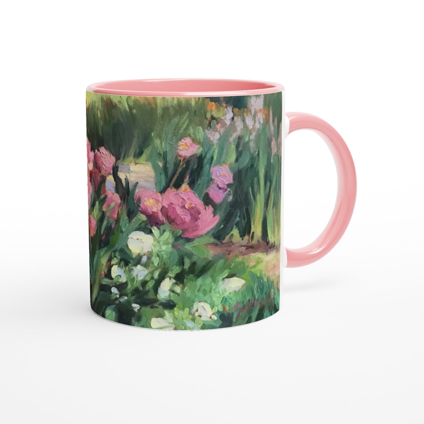 11oz White Ceramic Mug with Color Inside | Coffee Cup with 'Garden Peonies' Floral Artwork by American Artist Barbara Cleary