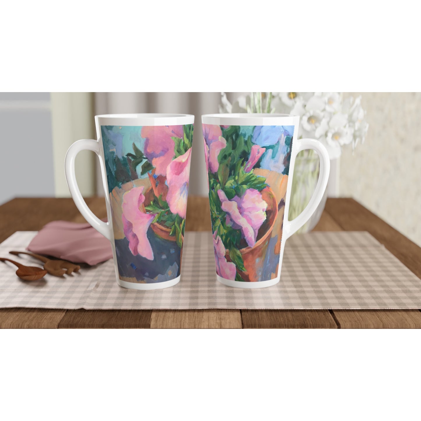 17oz White Ceramic Latte Mug | Coffee Cup with 'Pink Petals in Bloom' Floral Artwork by American Artist Barbara Cleary