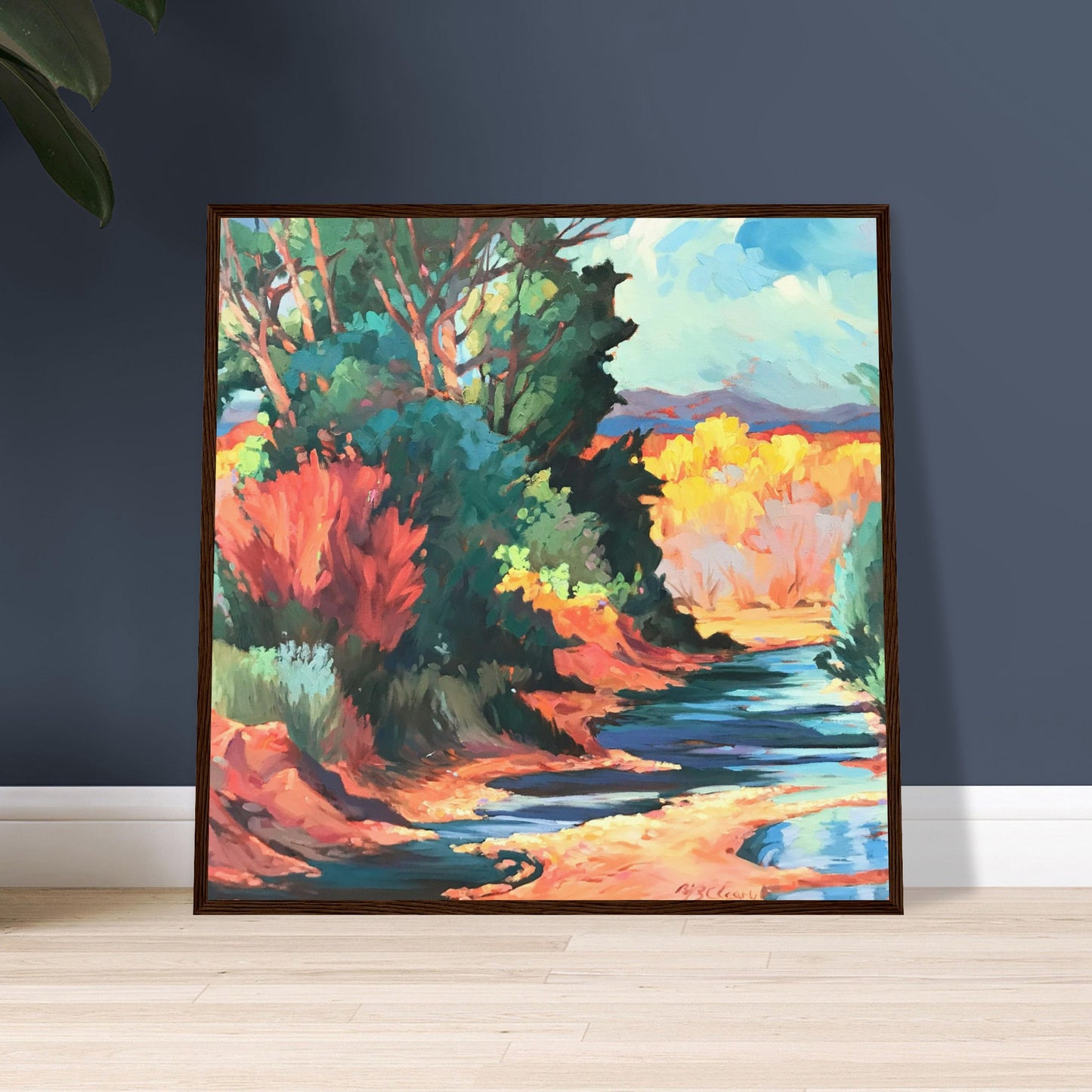 ‘Rio Pueblo’ Landscape | 28x28 Wooden Framed Art Print | Original Artwork by American Artist Barbara Cleary