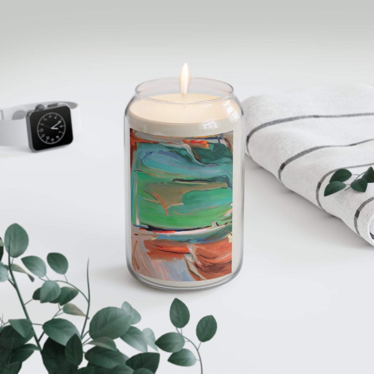 13.75oz Eco-Friendly Scented or Unscented Soy Wax Candle Jar with 'Colorscape 2' Abstract Artwork by American Artist Barbara Cleary