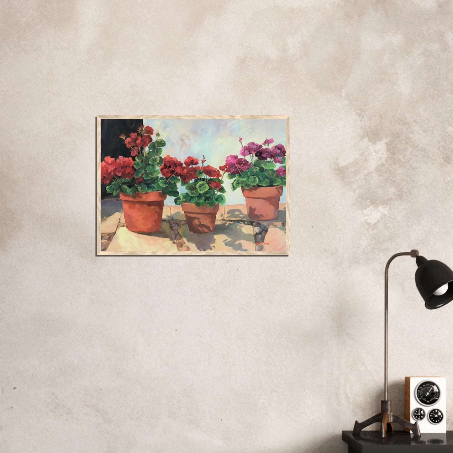 'Potted Red Geraniums Series 1' Red and Pink Floral | 20x28 inch Wooden Framed Art Print | Original Artwork by American Artist Barbara Cleary