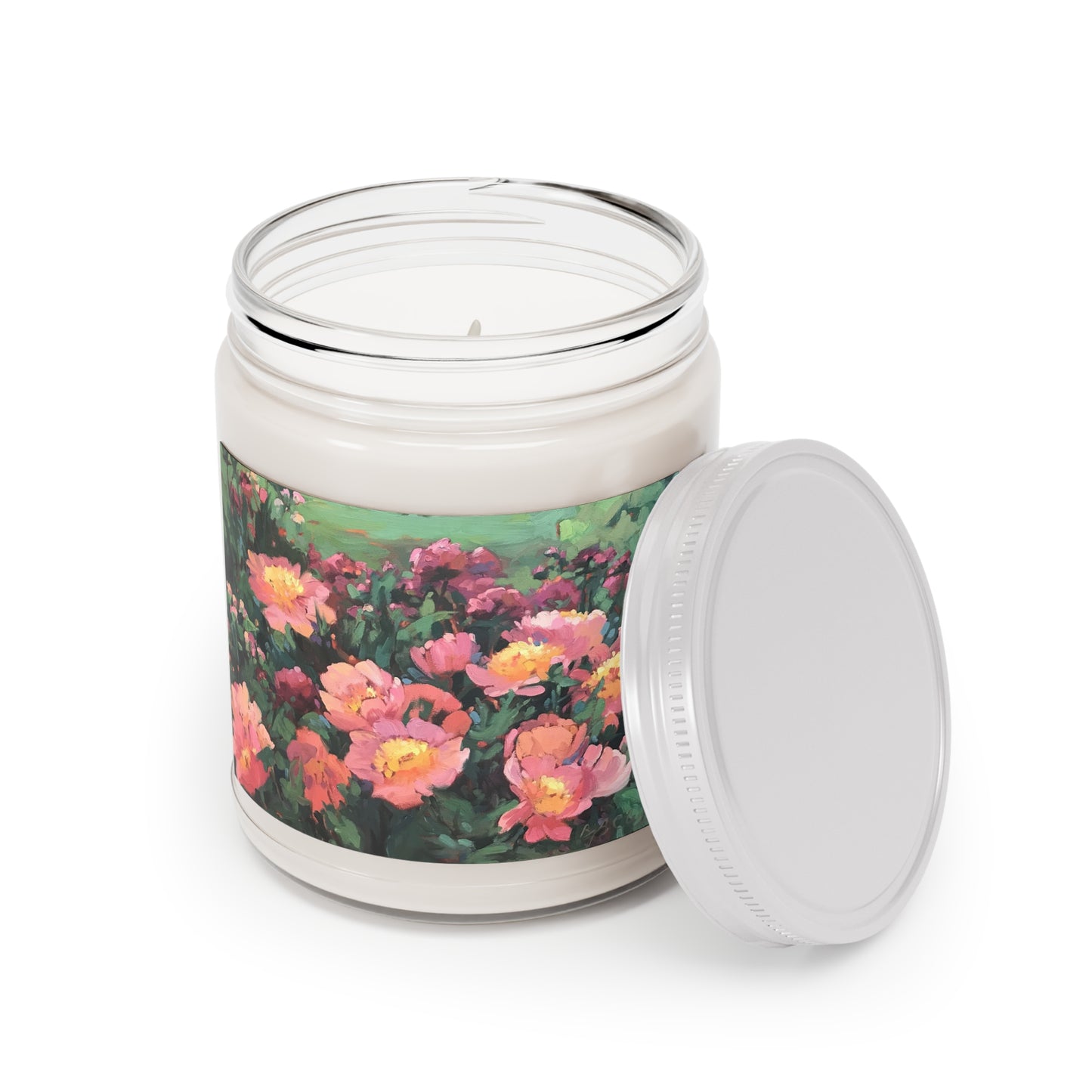 9oz Eco-Friendly Scented or Unscented Soy Wax Candle Jar with 'Pink Princess' Floral Artwork by American Artist Barbara Cleary