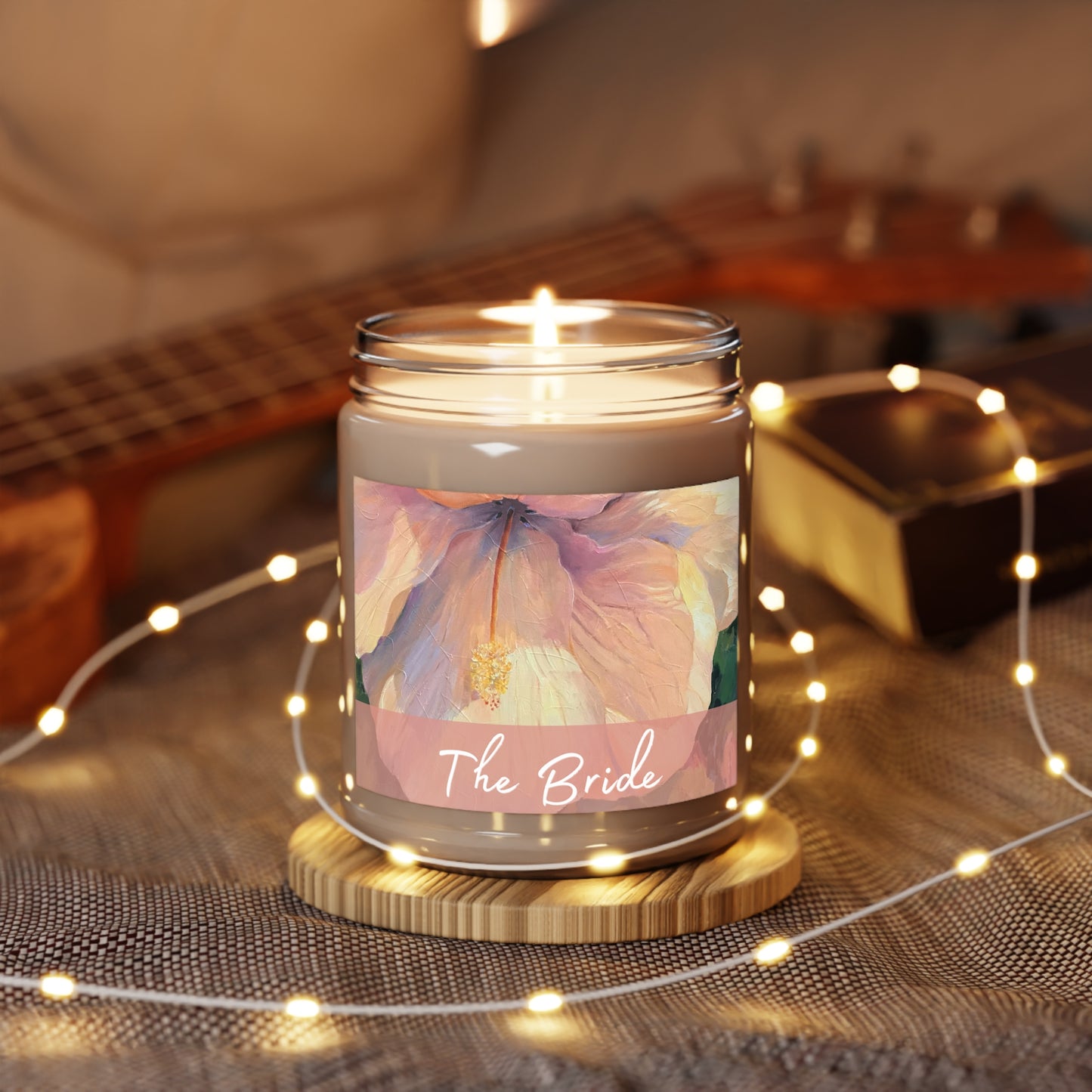 'Bride' 9oz Eco-Friendly Soy Wax Candle Jar I Bridal Collection with 'Hibiscus' Artwork by American Artist Barbara Cleary