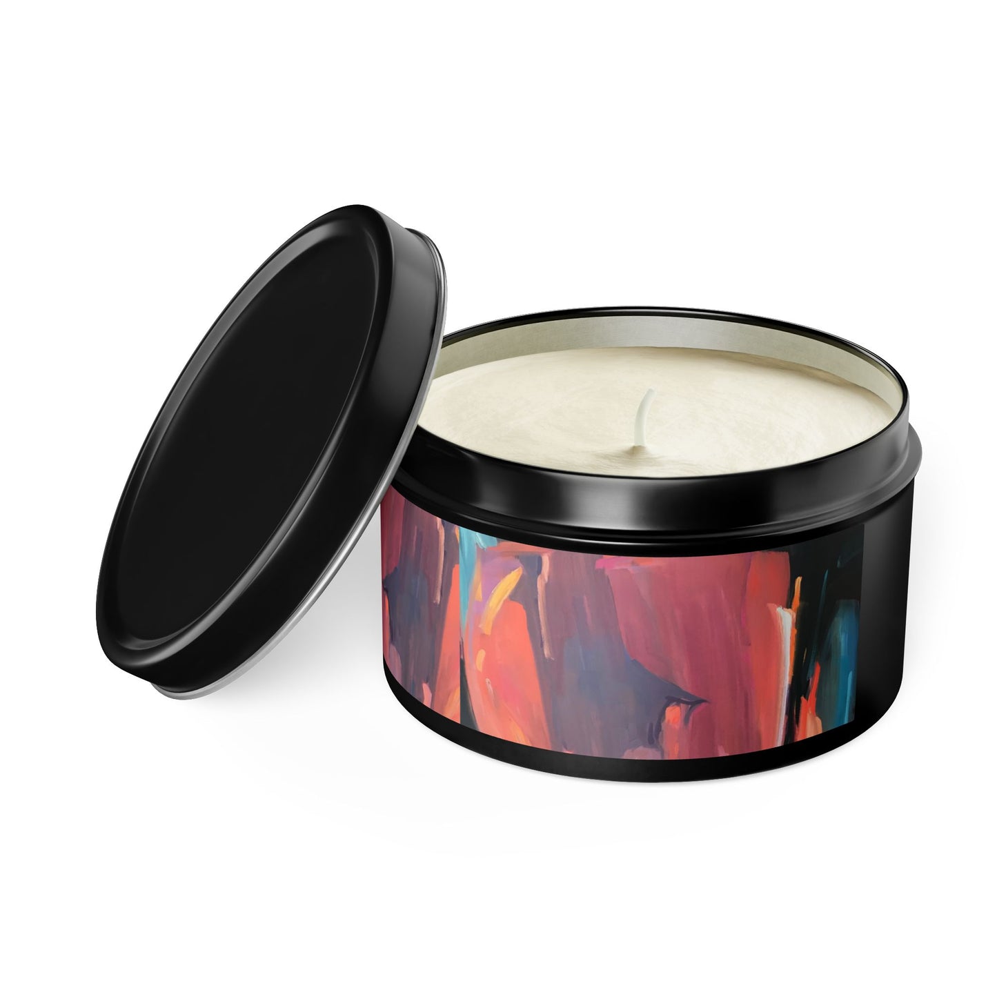 8oz Eco-Friendly Scented or Unscented Soy Wax Tin Candle with 'Colorscape' Abstract Artwork by American Artist Barbara Cleary