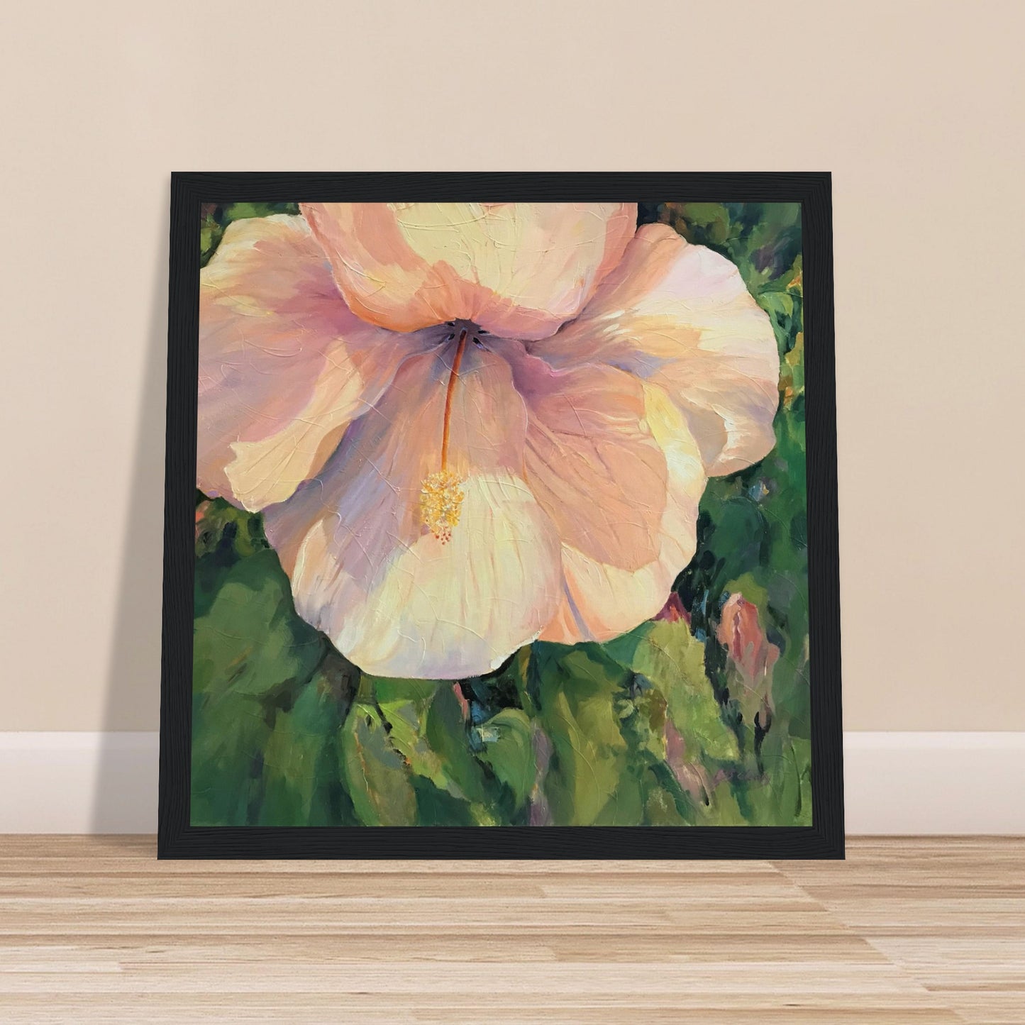 'Pink Hibiscus' Floral | 12x12 inch Wooden Framed Art Print | Original Artwork by American Artist Barbara Cleary