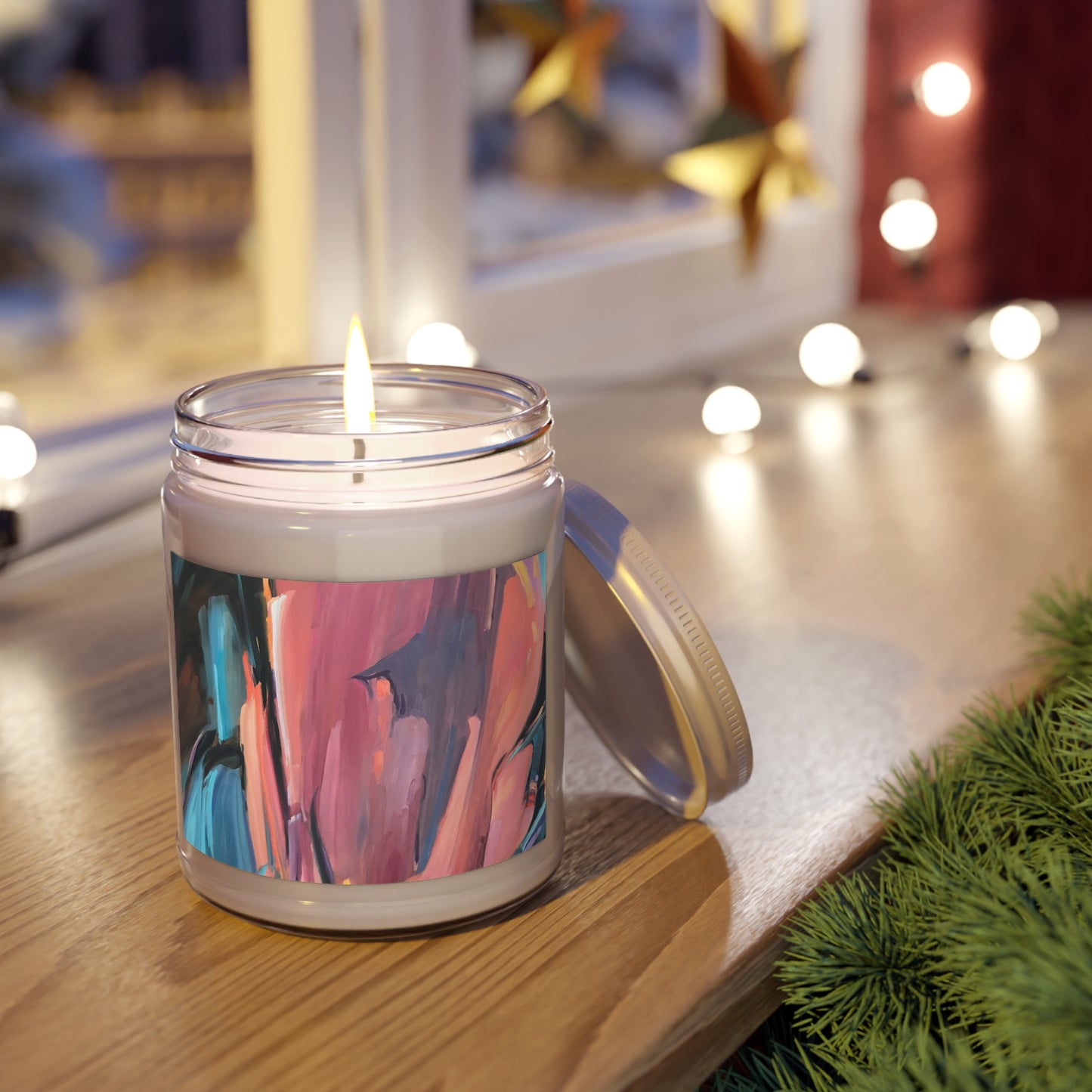 9oz Eco-Friendly Scented or Unscented Soy Wax Candle Jar with 'Colorscape' Abstract Artwork by American Artist Barbara Cleary