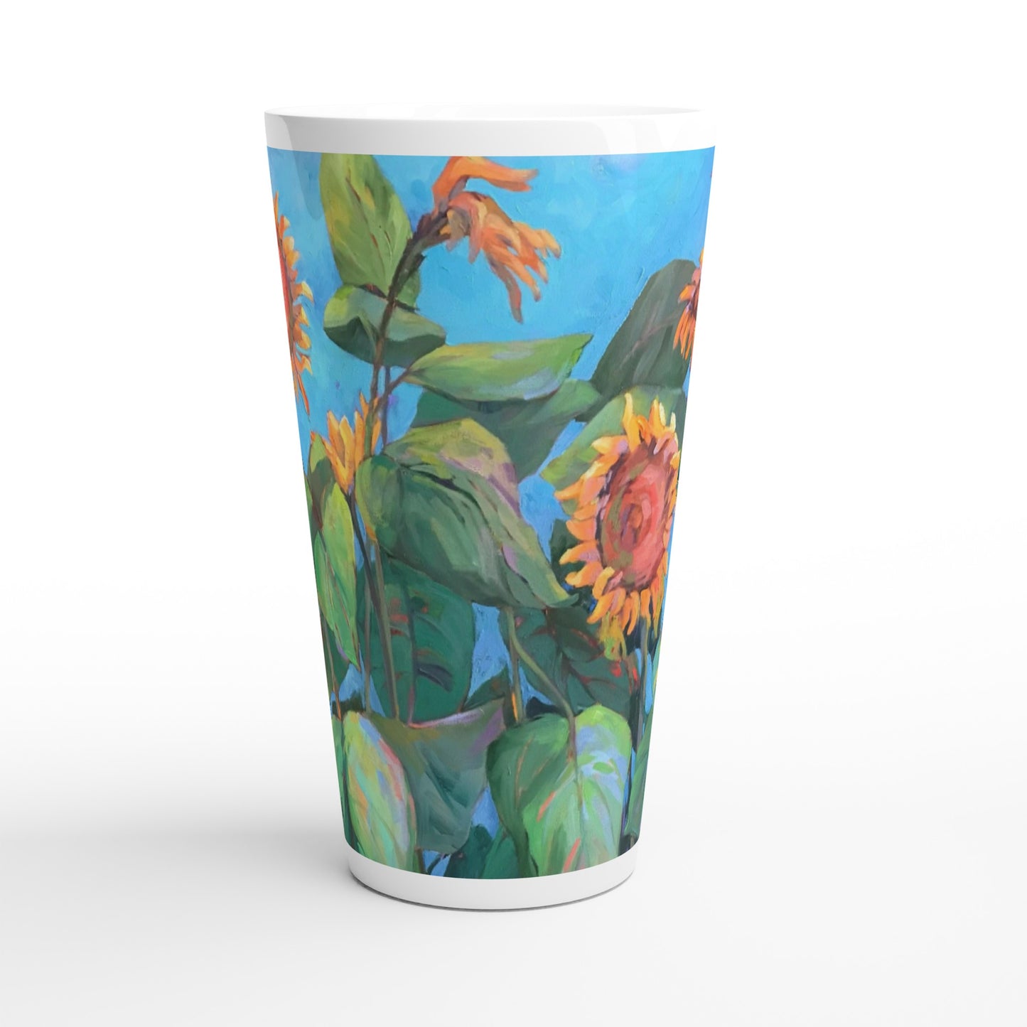17oz White Ceramic Latte Mug | Coffee Cup with 'Southwinds 2 Sunflowers' Floral Artwork by American Artist Barbara Cleary