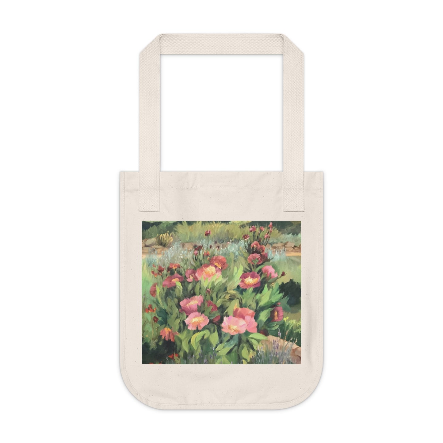 Organic Tote Bag with 'Pink Blooms' Original Artwork by American Artist Barbara Cleary