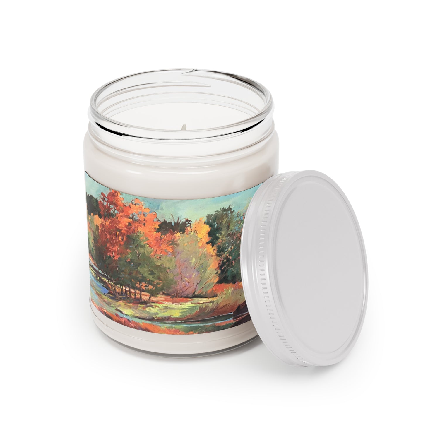 9oz Eco-Friendly Scented or Unscented Soy Wax Candle Jar with 'Fall River' Artwork by American Artist Barbara Cleary (Fall Collection)