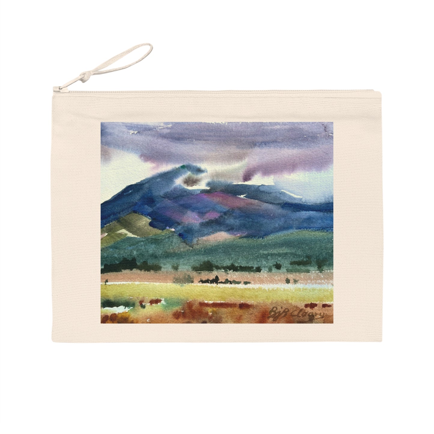 Eco-Friendly Pouch with 'Tranquil Mountain View 2' I Original Artwork by American Artist Barbara Cleary