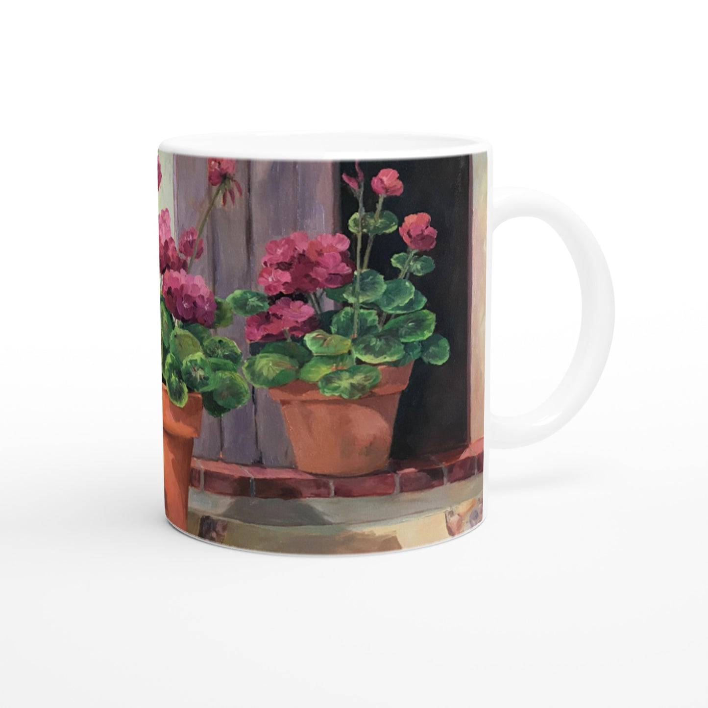 11oz White Ceramic Mug | Coffee Cup with 'Potted Red Geraniums Series 1' Floral Artwork by American Artist Barbara Cleary