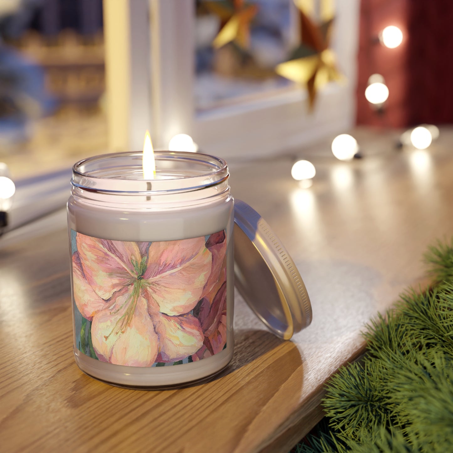 9oz Eco-Friendly Scented or Unscented Soy Wax Candle Jar with 'Amaryllis' Artwork by American Artist Barbara Cleary