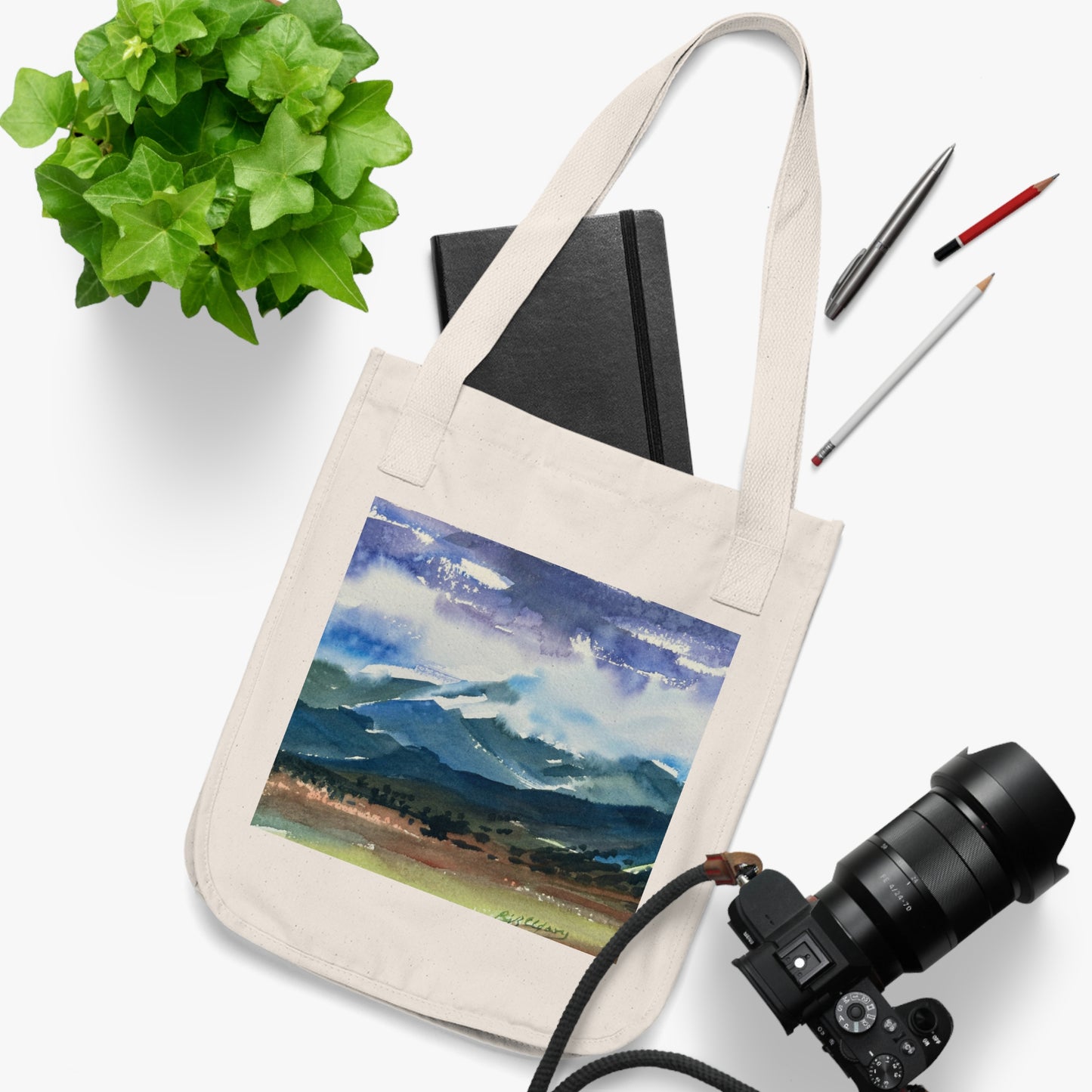 Organic Tote Bag with 'Tranquil Mountain View 3' Original Fine Art by American Artist Barbara Cleary