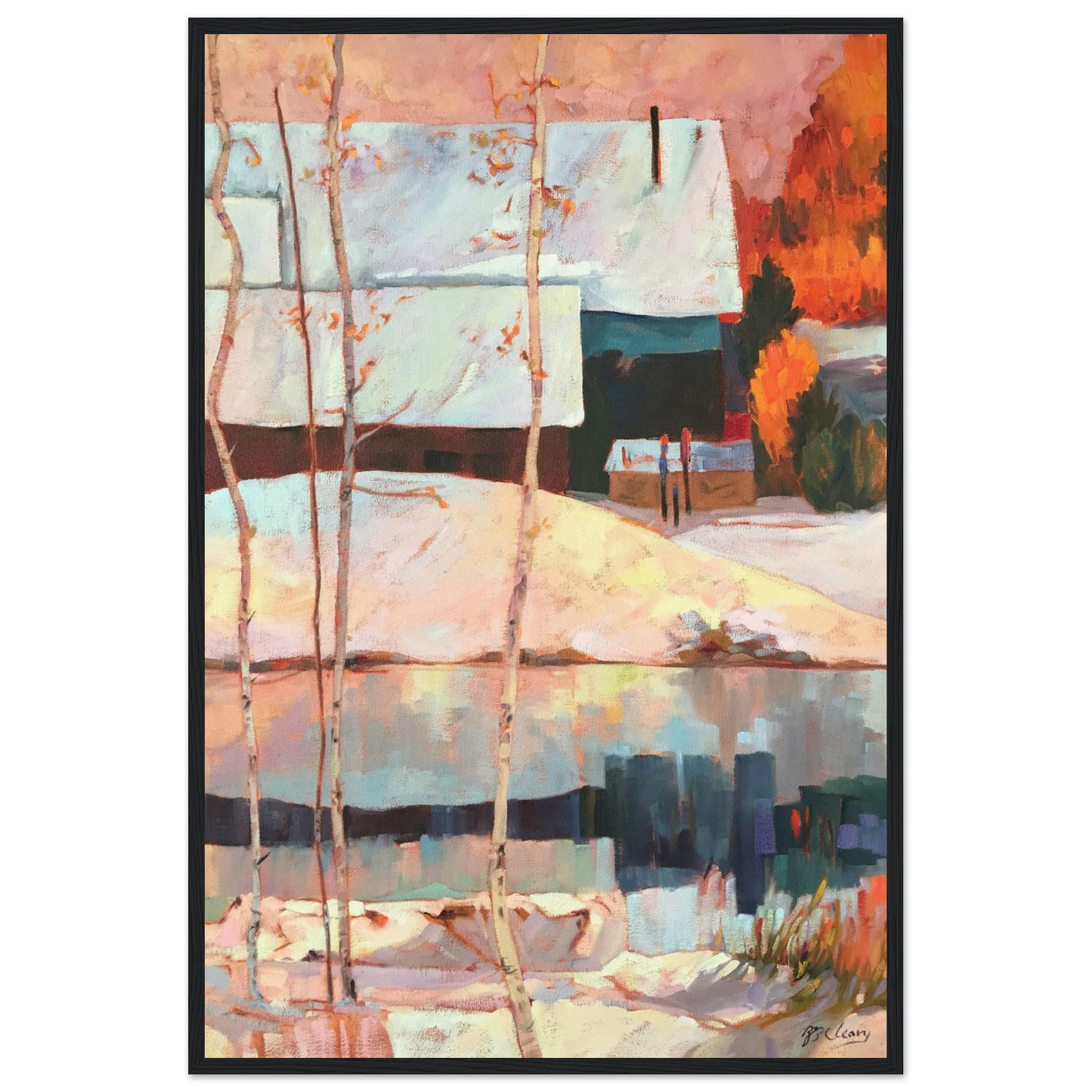 ‘Early Snow’ Winter Landscape | 24x36 Wooden Framed Art Print | Original Artwork by American Artist Barbara Cleary