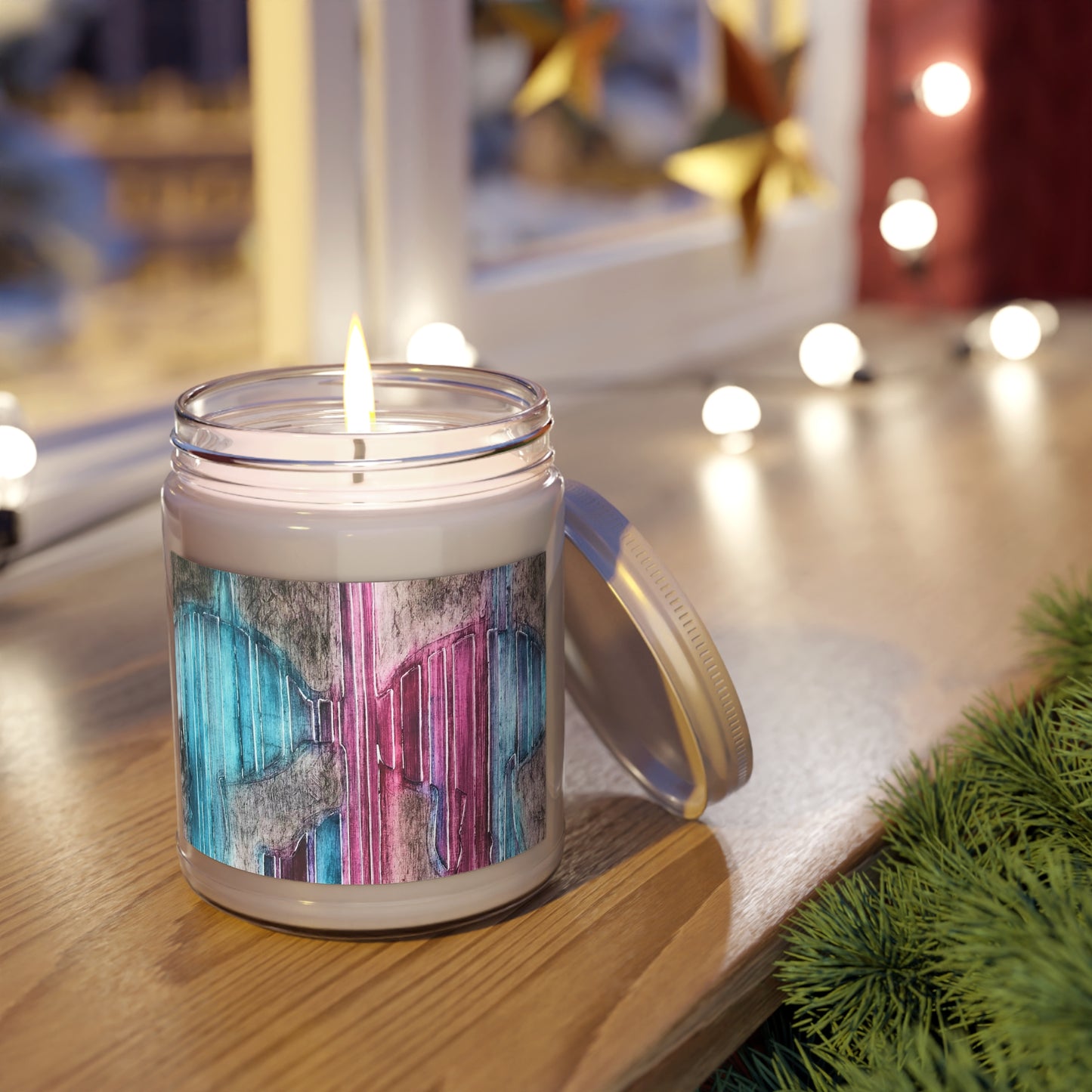 9oz Eco-Friendly Scented or Unscented Soy Wax Candle Jar with 'Crow's Blanket' Abstract Artwork by American Artist Barbara Cleary