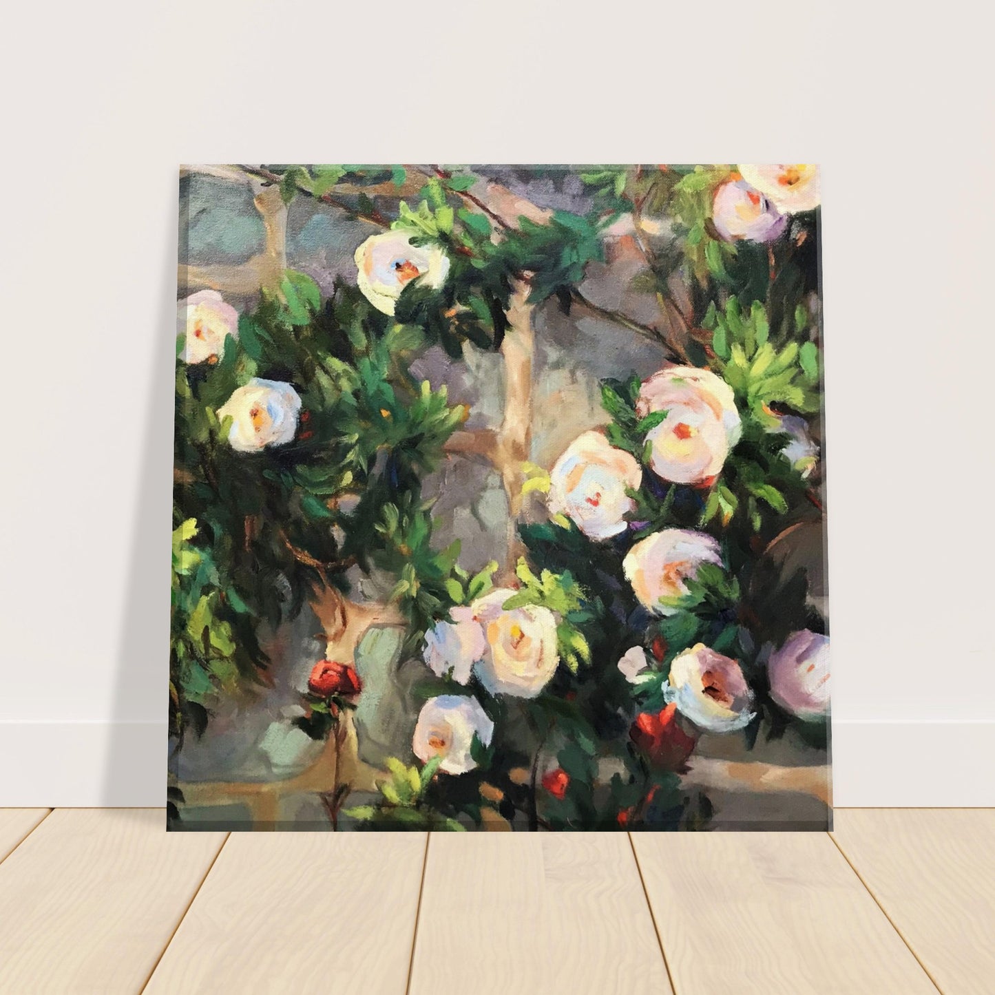 'Vining White Roses' Floral I 8x8 inch Art Print on Canvas I Original Artwork by American Artist Barbara Cleary