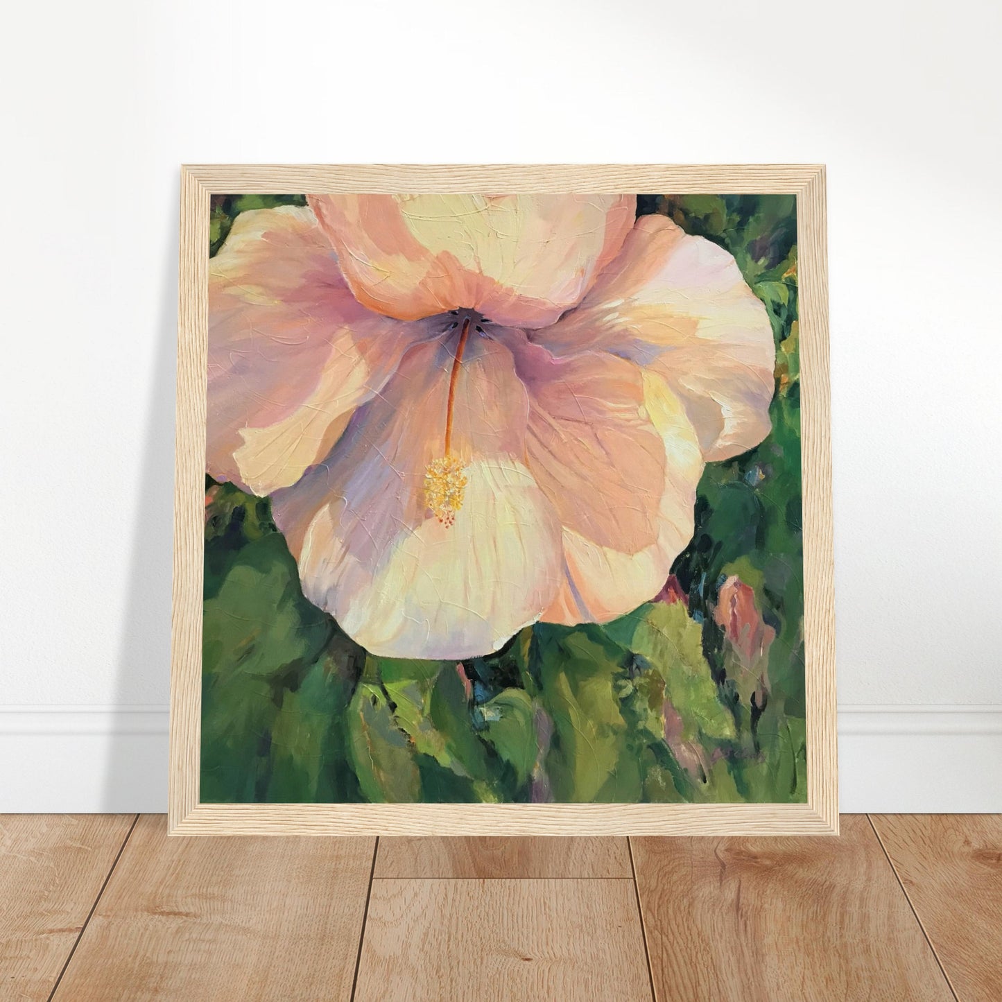 'Pink Hibiscus' Floral | 12x12 inch Wooden Framed Art Print | Original Artwork by American Artist Barbara Cleary