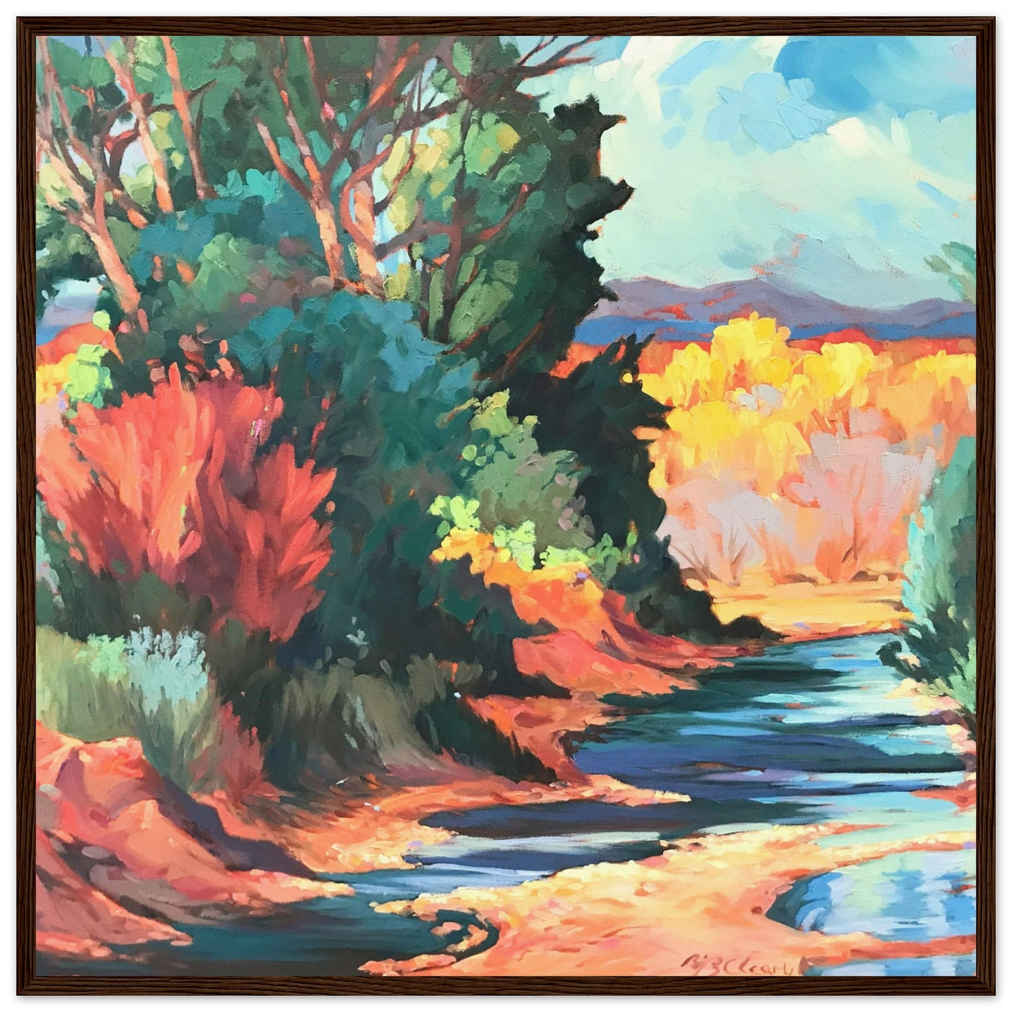 ‘Rio Pueblo’ Landscape | 28x28 Wooden Framed Art Print | Original Artwork by American Artist Barbara Cleary