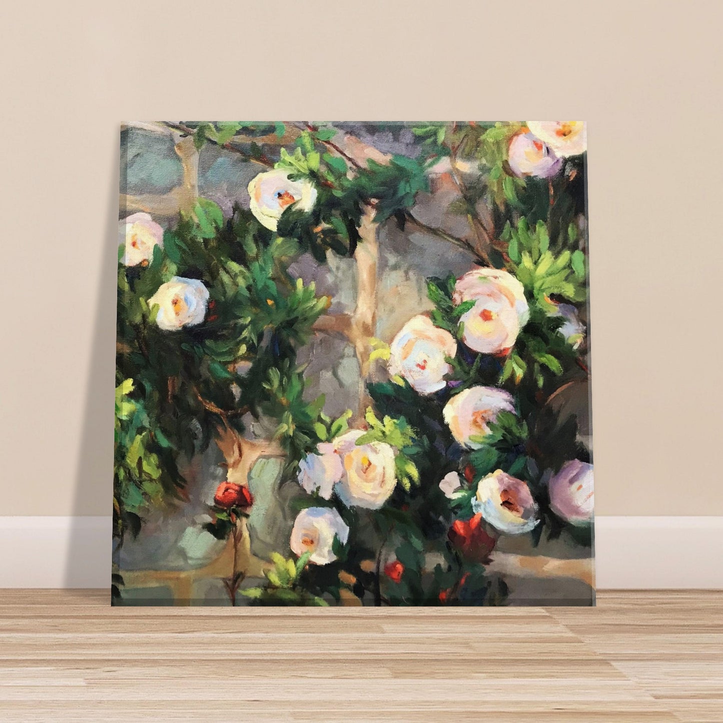 'Vining White Roses' Floral I 8x8 inch Art Print on Canvas I Original Artwork by American Artist Barbara Cleary