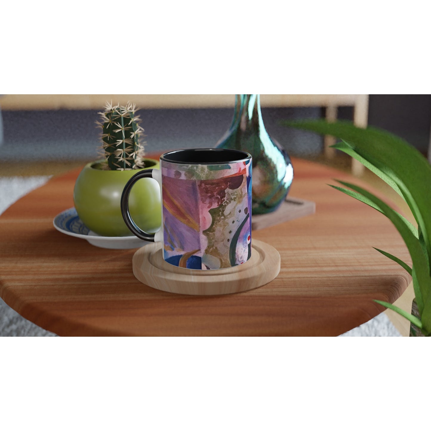 11oz White Ceramic Mug with Color Inside | Coffee Cup with 'Kaleidoscope' Abstract Artwork by American Artist Barbara Cleary